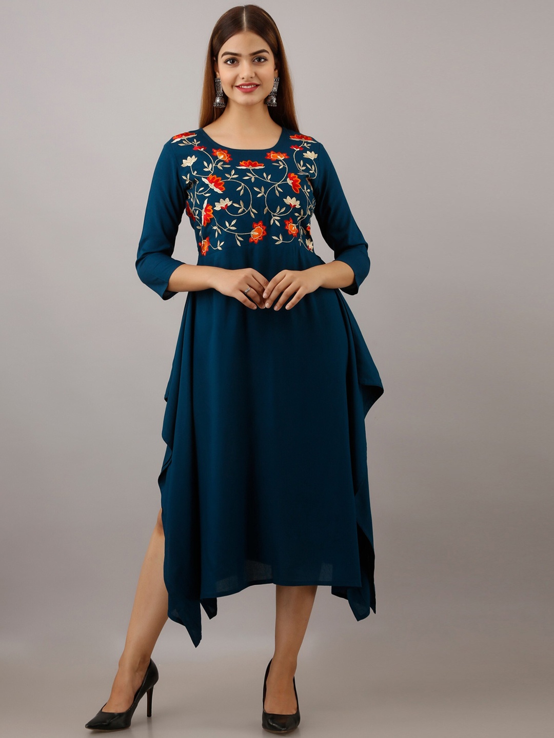 

Women Touch Embroidered Detail Midi Dress, Teal