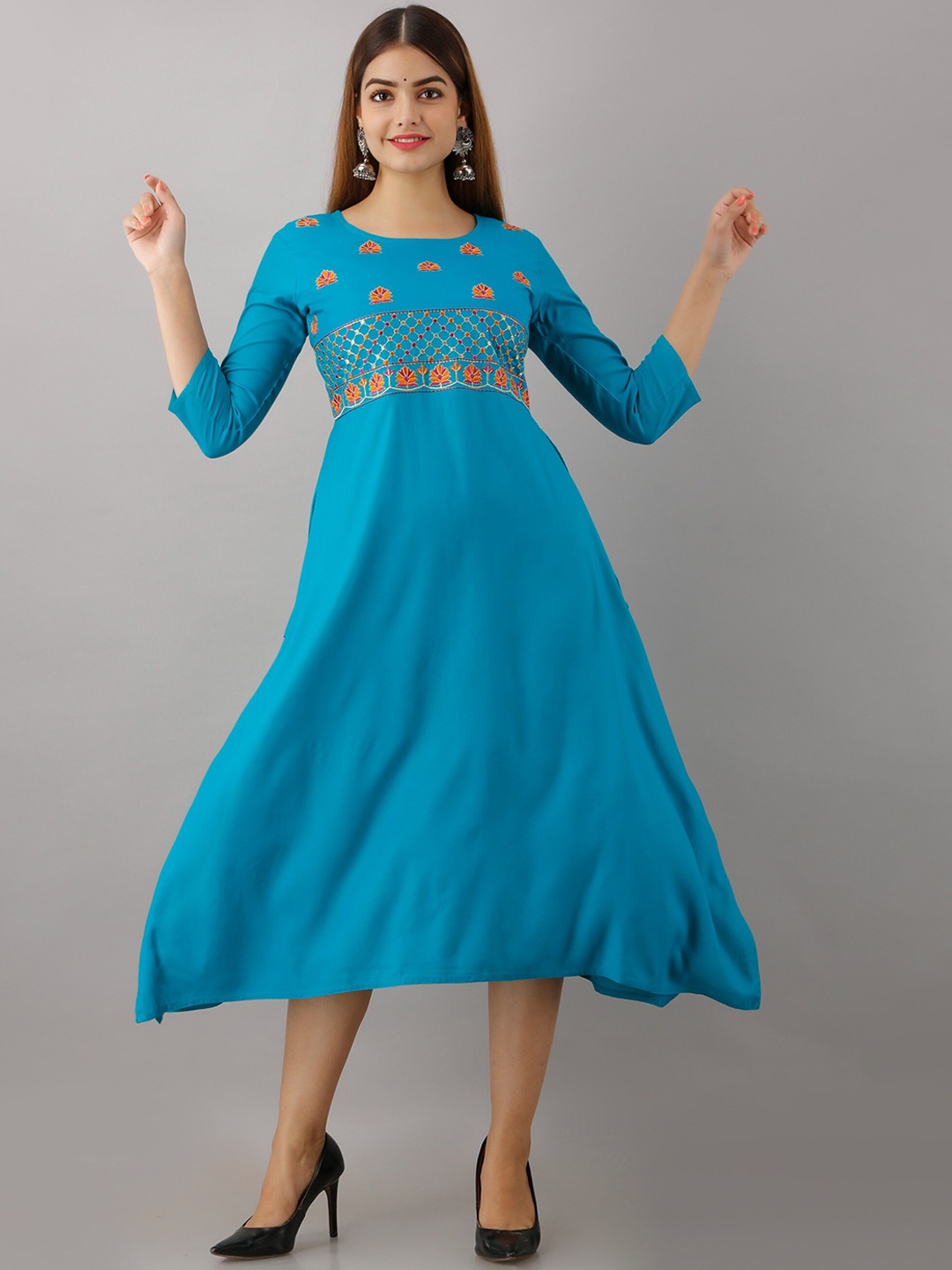 

Women Touch Embroidered Detail Asymmetric Hem Midi Dress, Turquoise blue