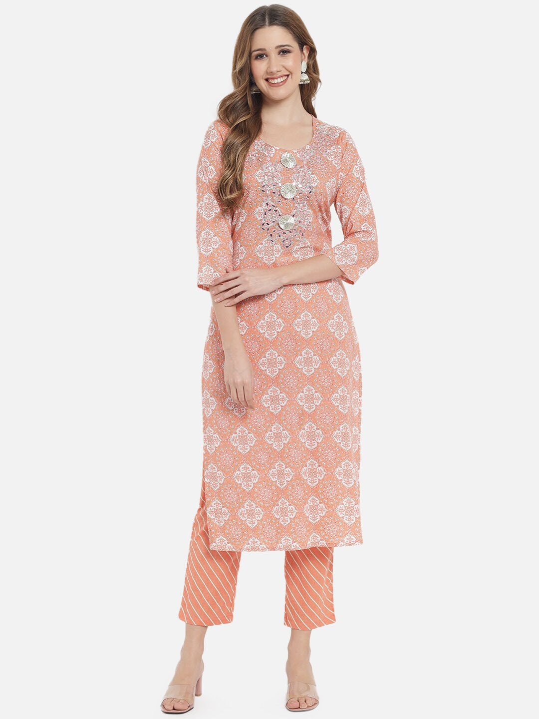 

Meeranshi Floral Printed Thread Work Kurta with Trousers, Peach