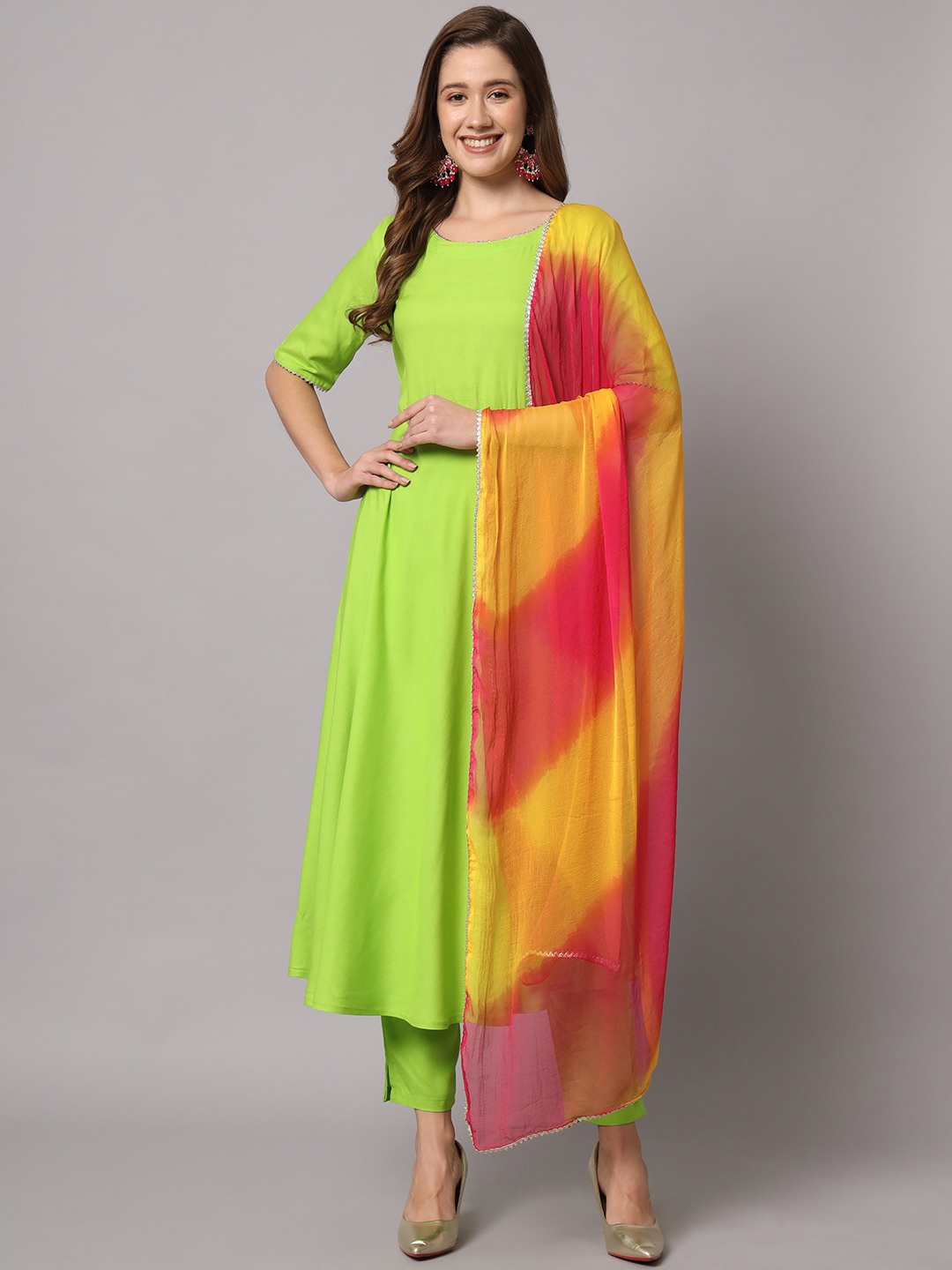 

Meeranshi Gotta Patti Kurta with Trousers & Dupatta, Fluorescent green