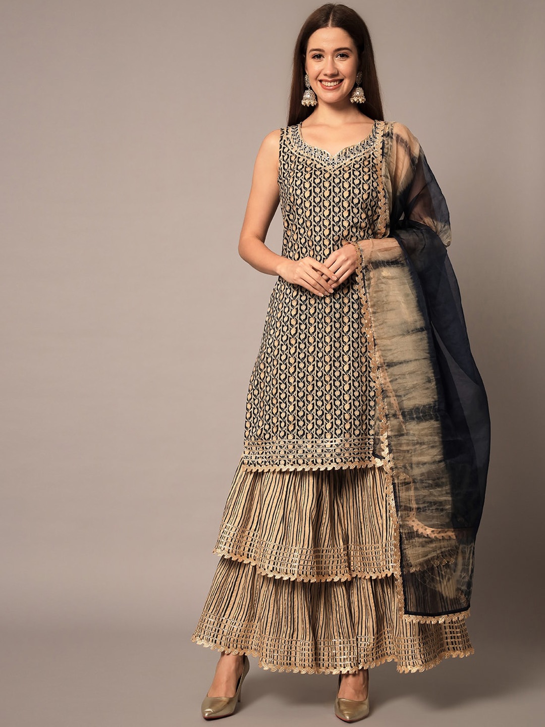 

Meeranshi Floral Printed Gotta Patti Kurta with Sharara & Dupatta, Brown
