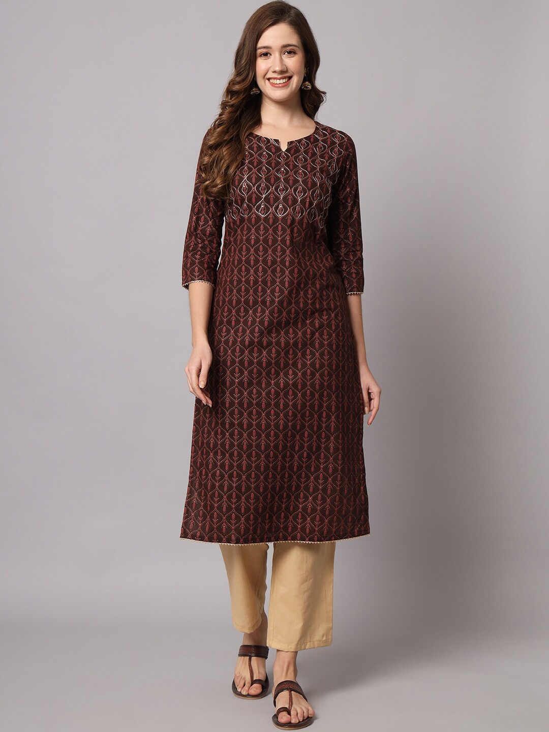 

Meeranshi Ethnic Motif Printed Thread Work Notch Neck Kurta with Trousers, Brown