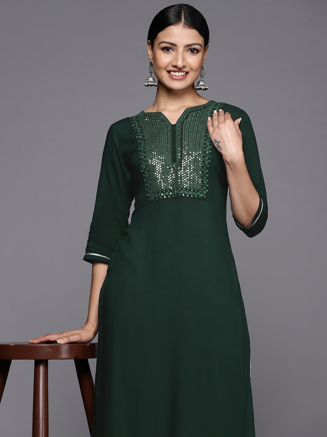 

Libas Sequinned Yoke Design Kurta, Green