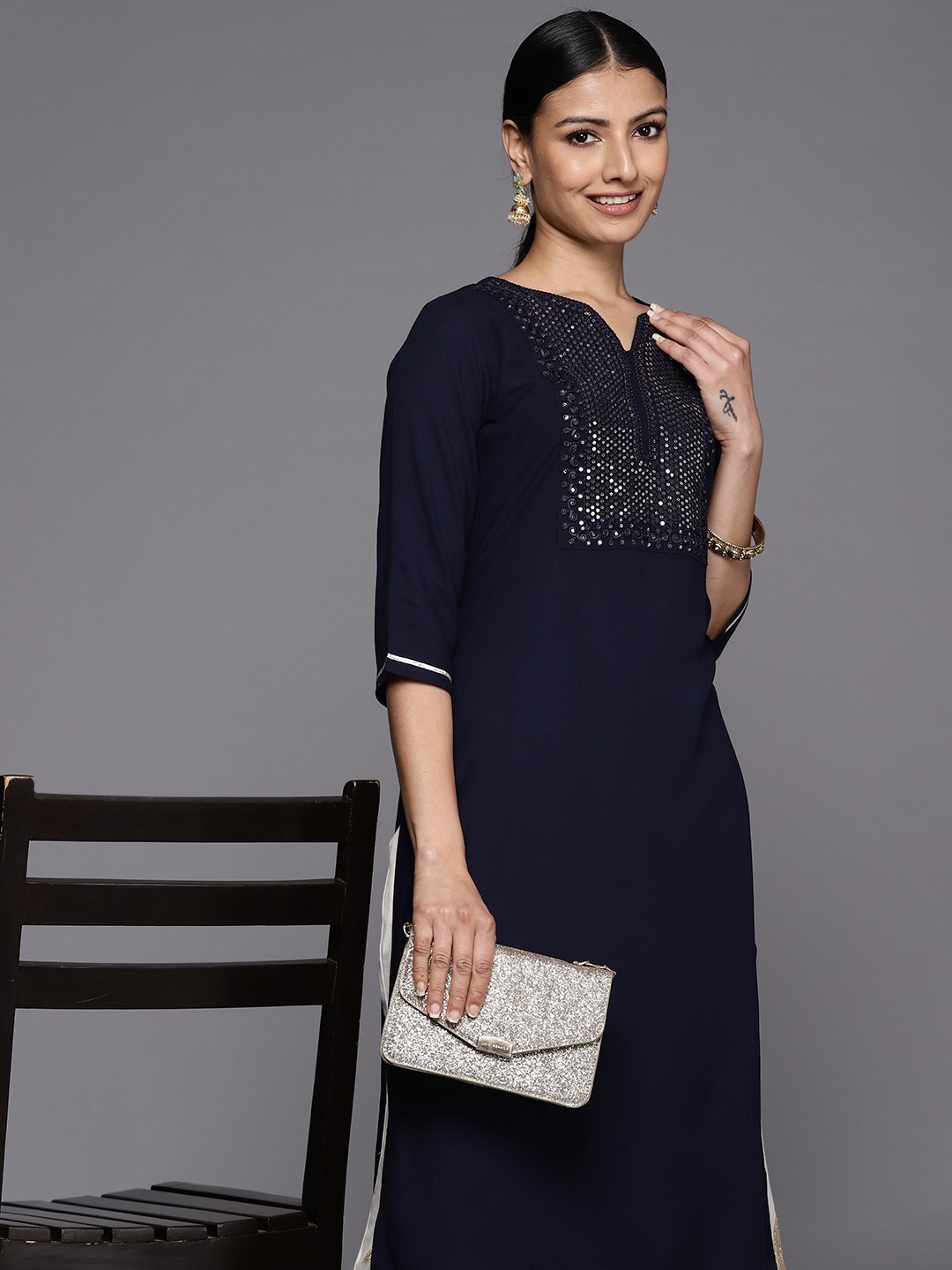 

Libas Sequinned Yoke Design Kurta, Navy blue