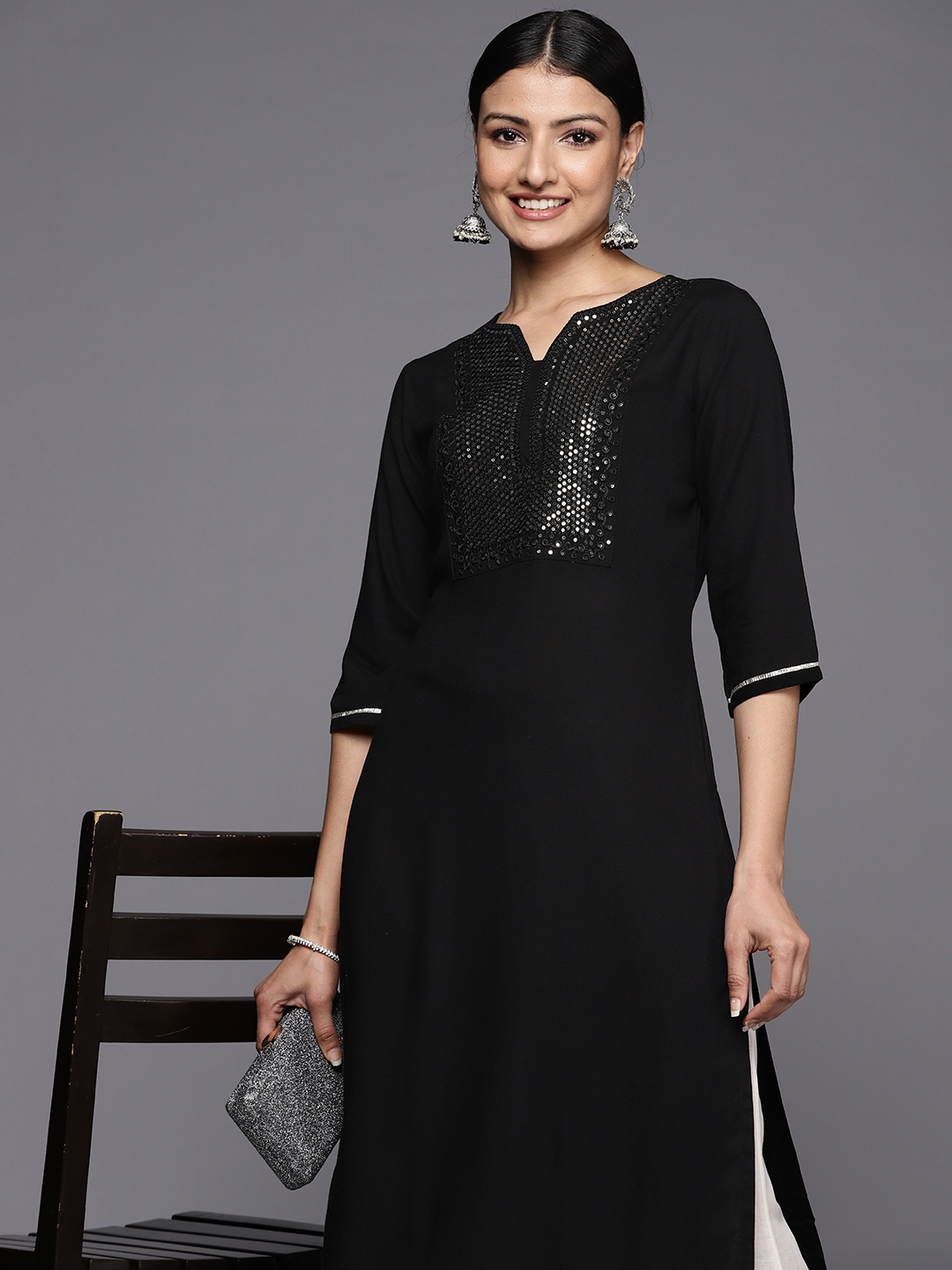 

Libas Sequinned Yoke Design Kurta, Black