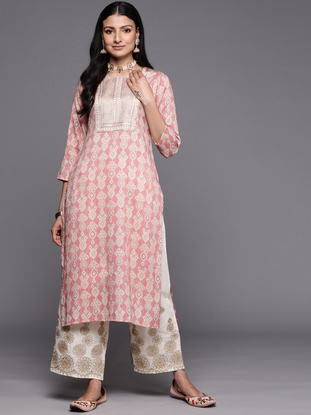 

Libas Women Ethnic Motifs Zari Yoke Design Kurta, Peach