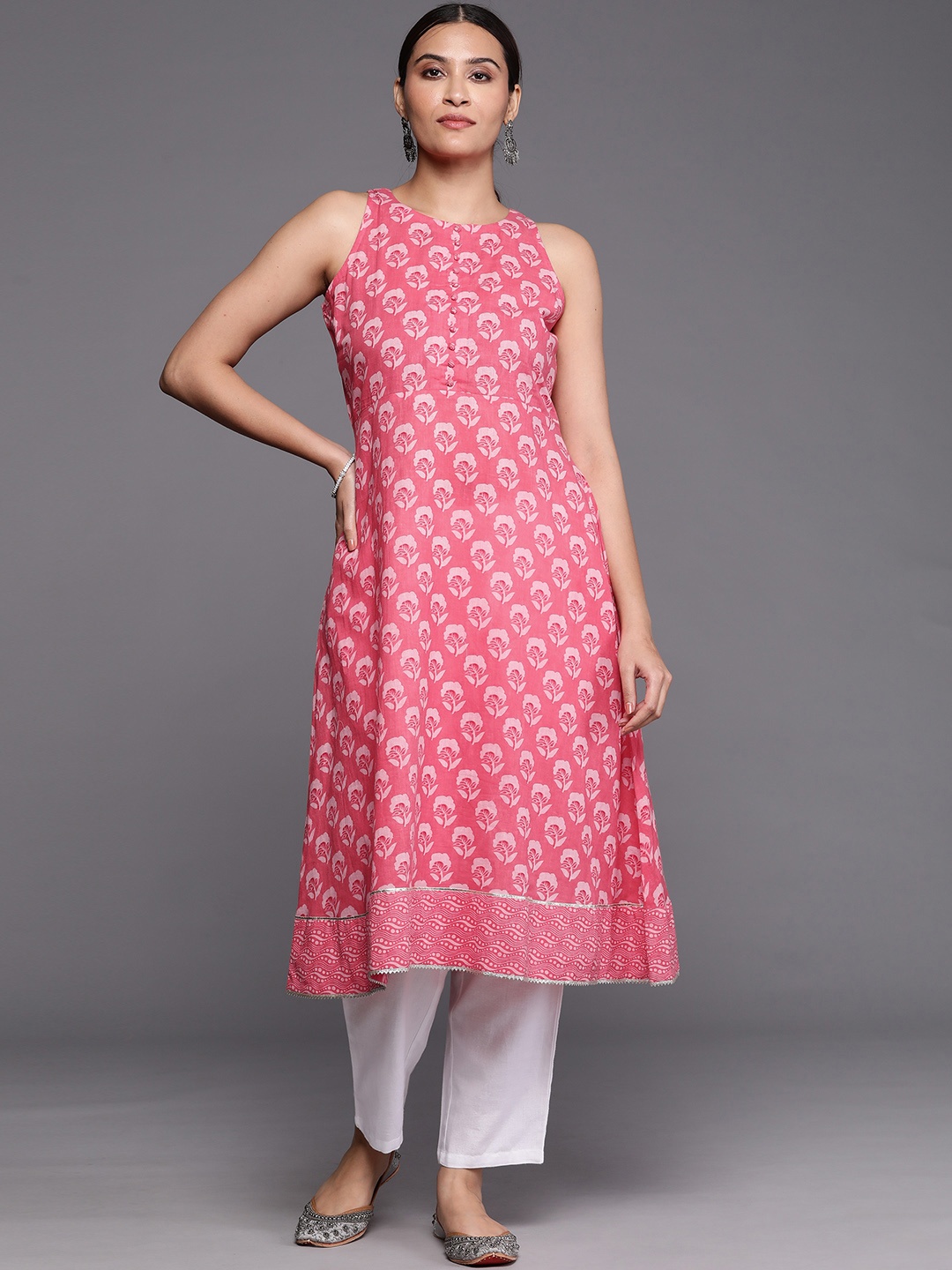

Libas Floral Printed Gotta Patti Boat Neck Cotton Kurta, Coral