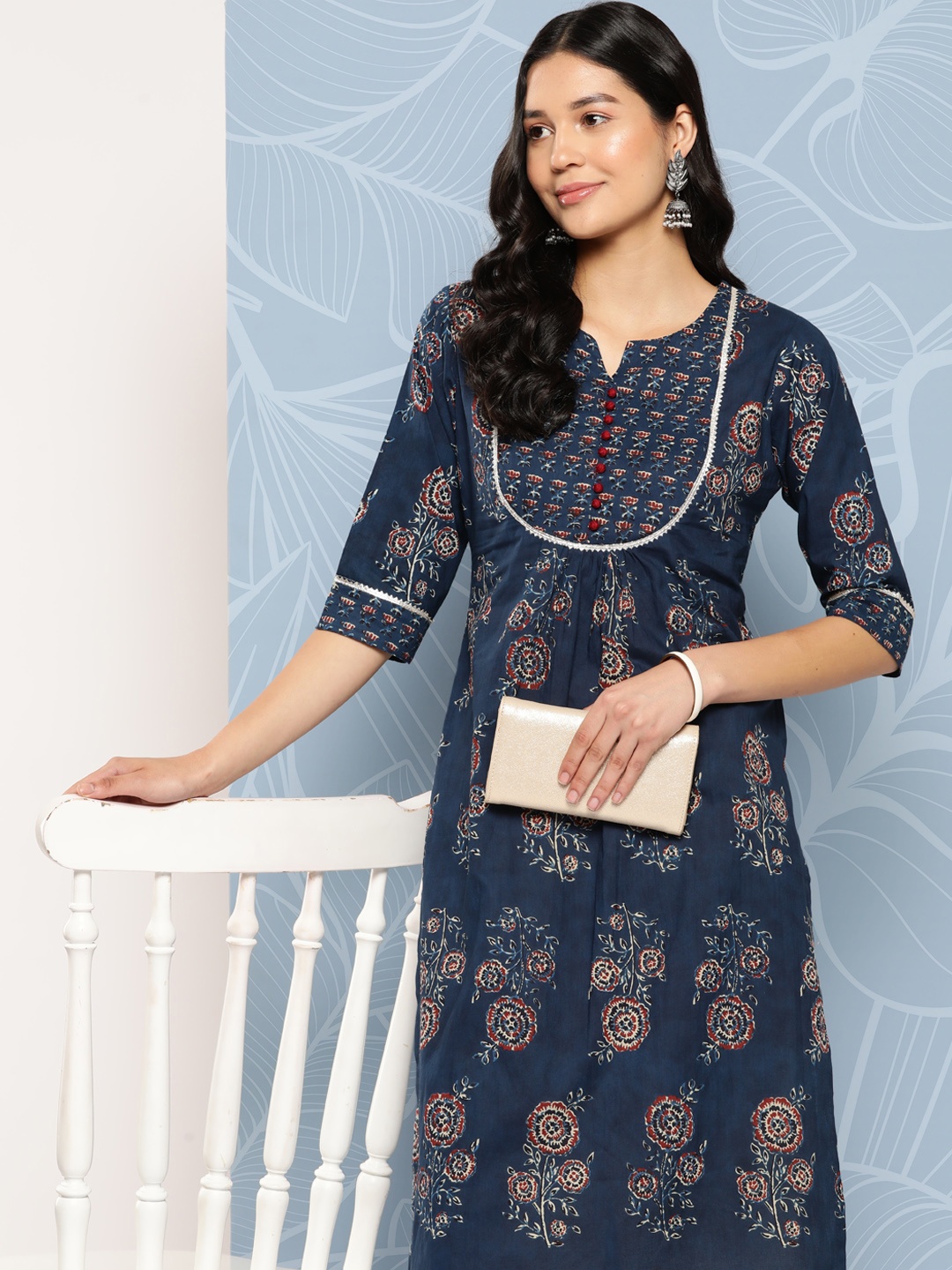 

Libas Floral Yoke Design Gotta Patti Cotton Kurta, Navy blue