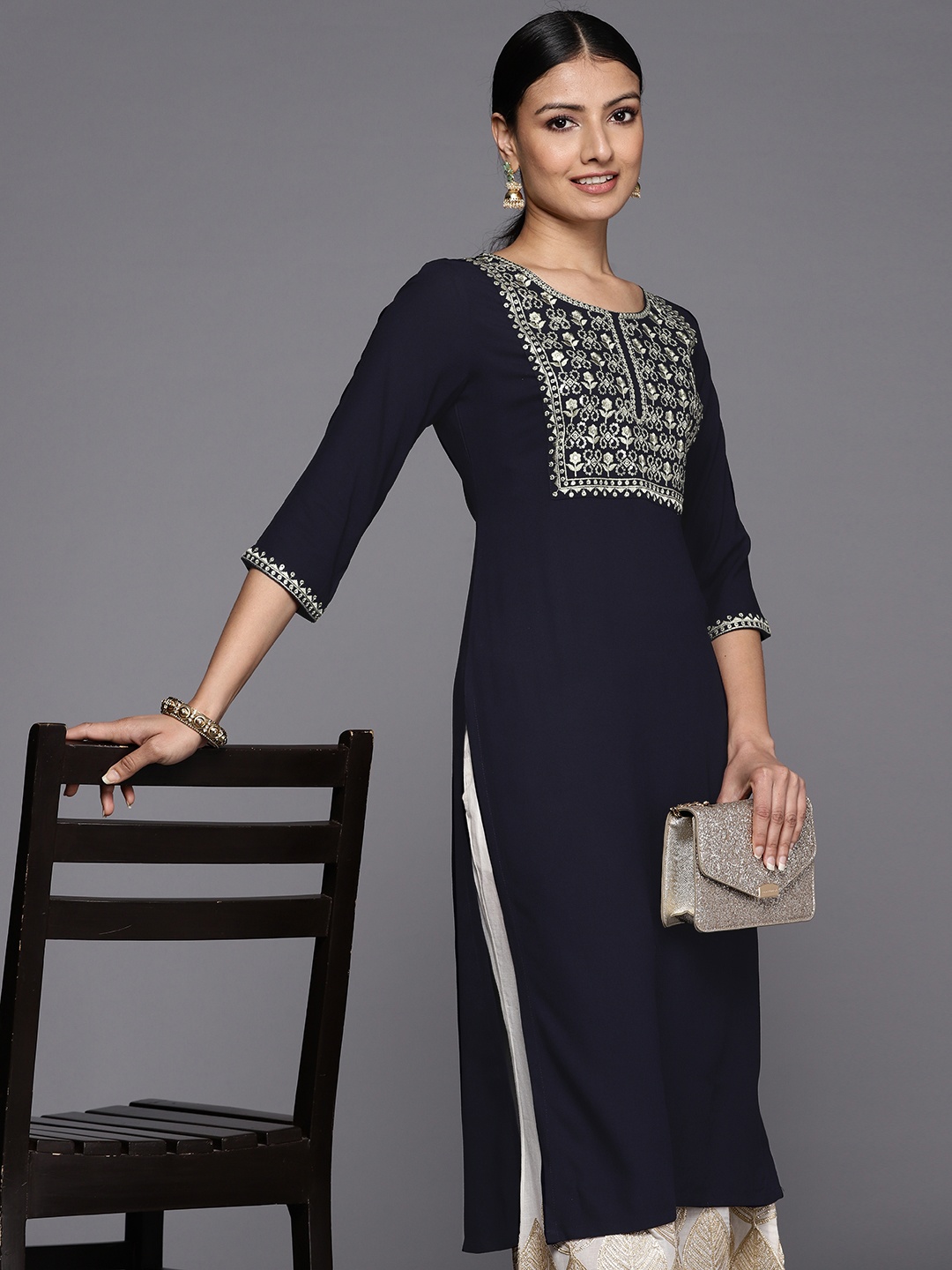 

Libas Floral Sequinned Yoke Design Kurta, Navy blue