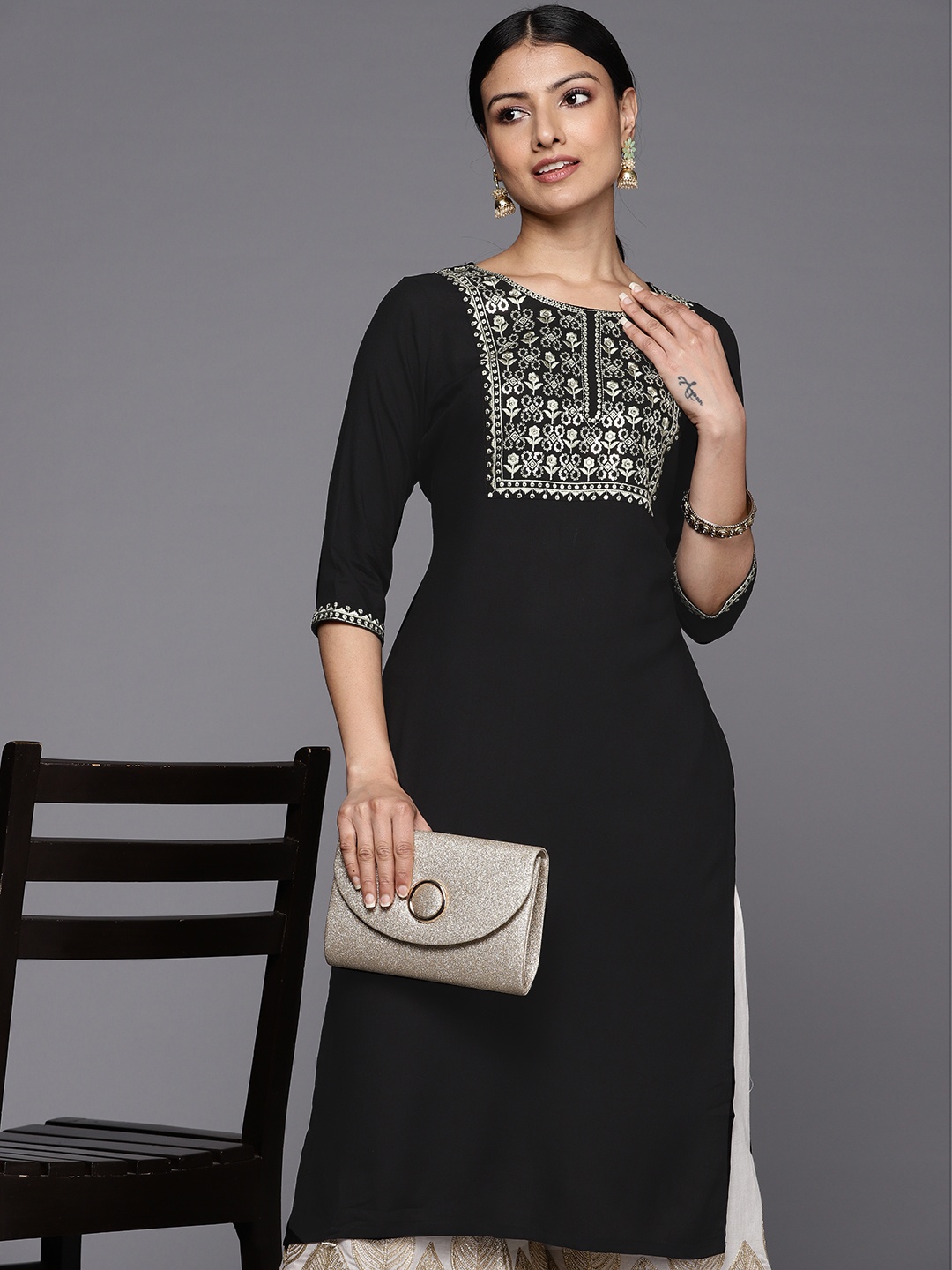 

Libas Floral Sequinned Yoke Design Kurta, Black
