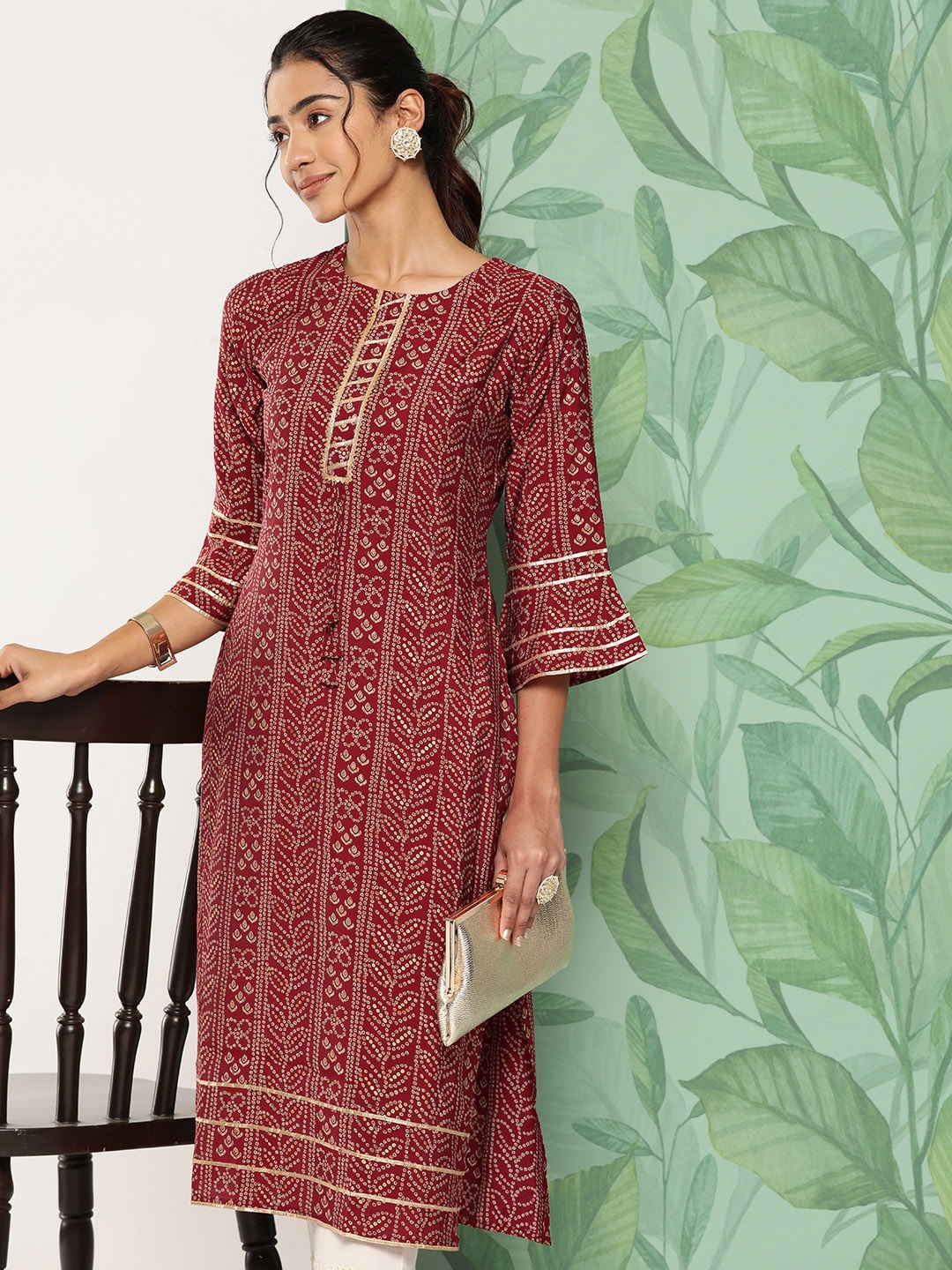 

Libas Bandhani Printed Bell Sleeves Gotta Patti Kurta, Maroon