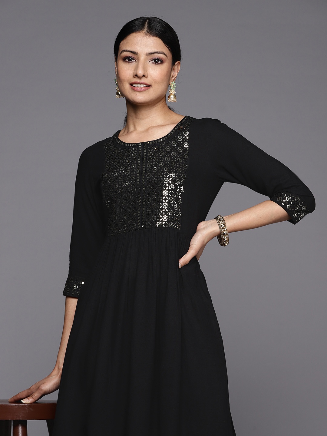 

Libas Sequinned Yoke Design Kurta, Black