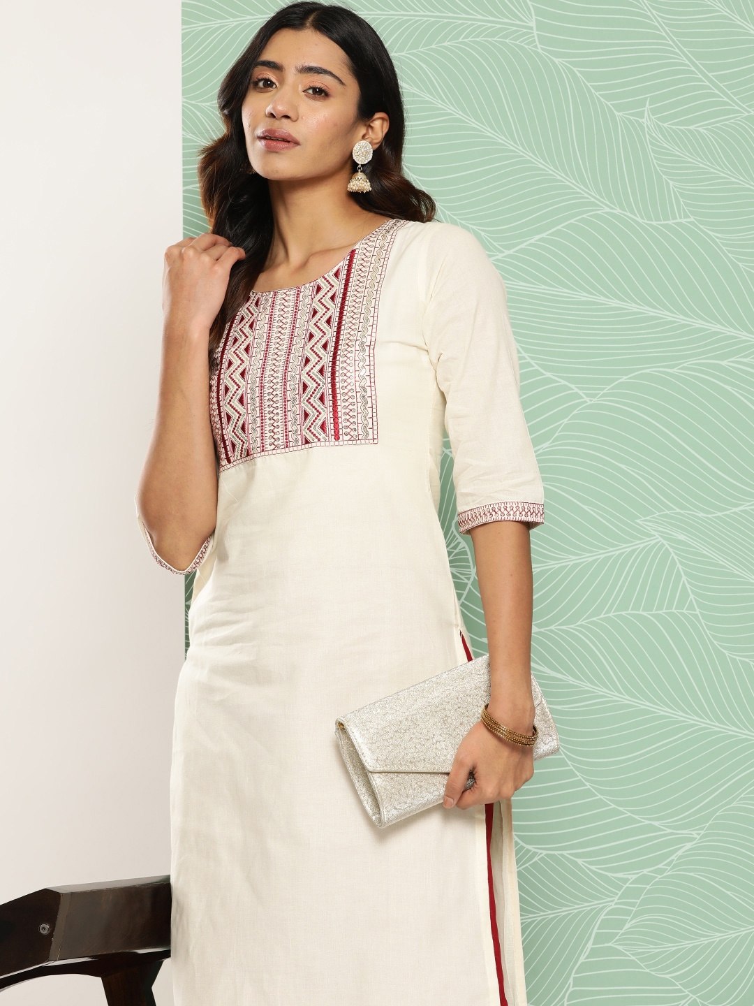 

Libas Ethnic Motifs Sequins Yoke Design Straight Kurta, Off white