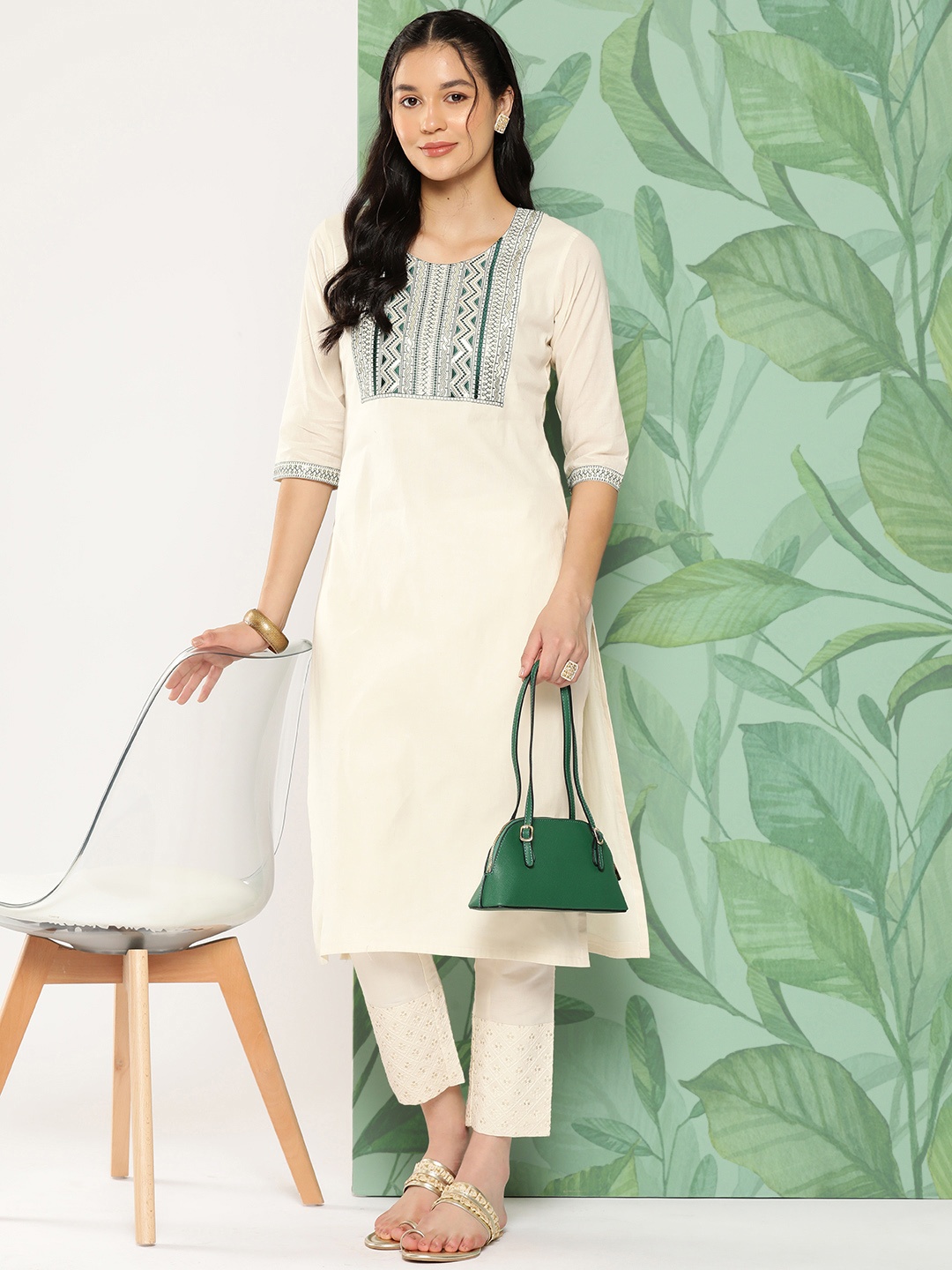 

Libas Ethnic Motifs Sequins Yoke Design Straight Kurta, Off white