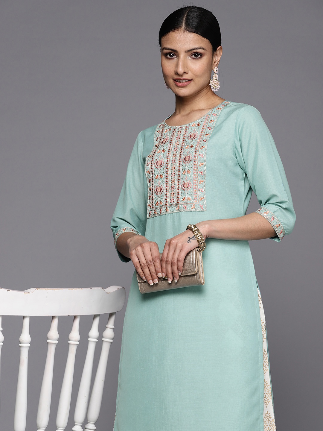 

Libas Floral Yoke Design Thread Work Pastel Kurta, Sea green