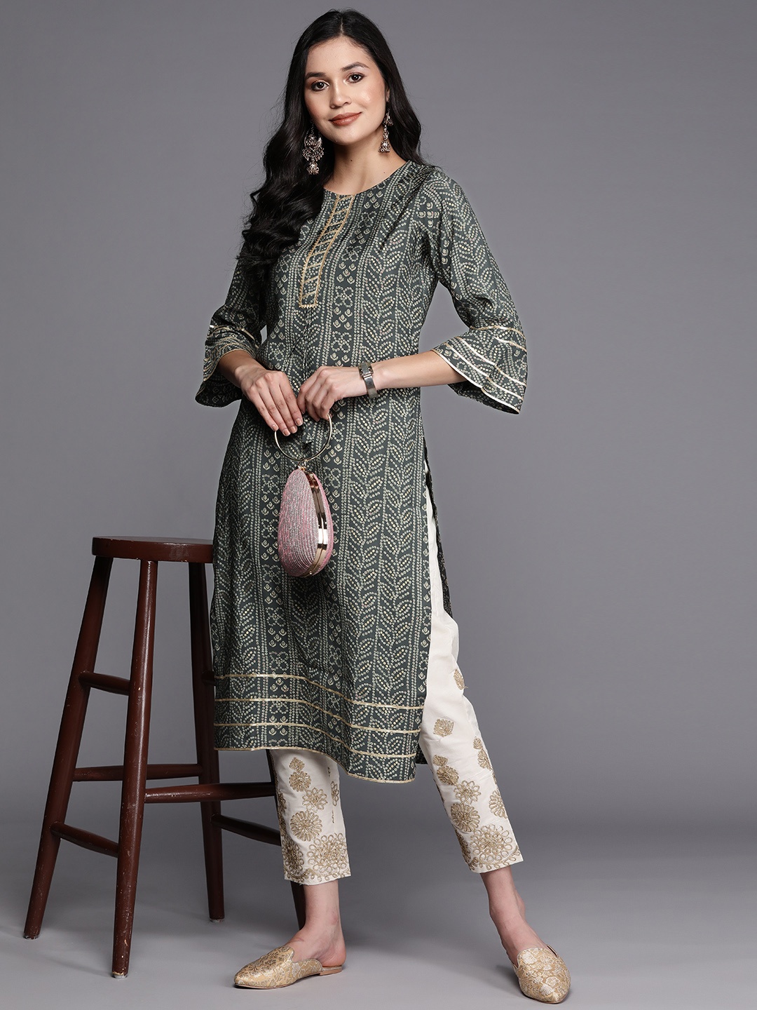 

Libas Bandhani Printed Bell Sleeves Gotta Patti Kurta, Grey
