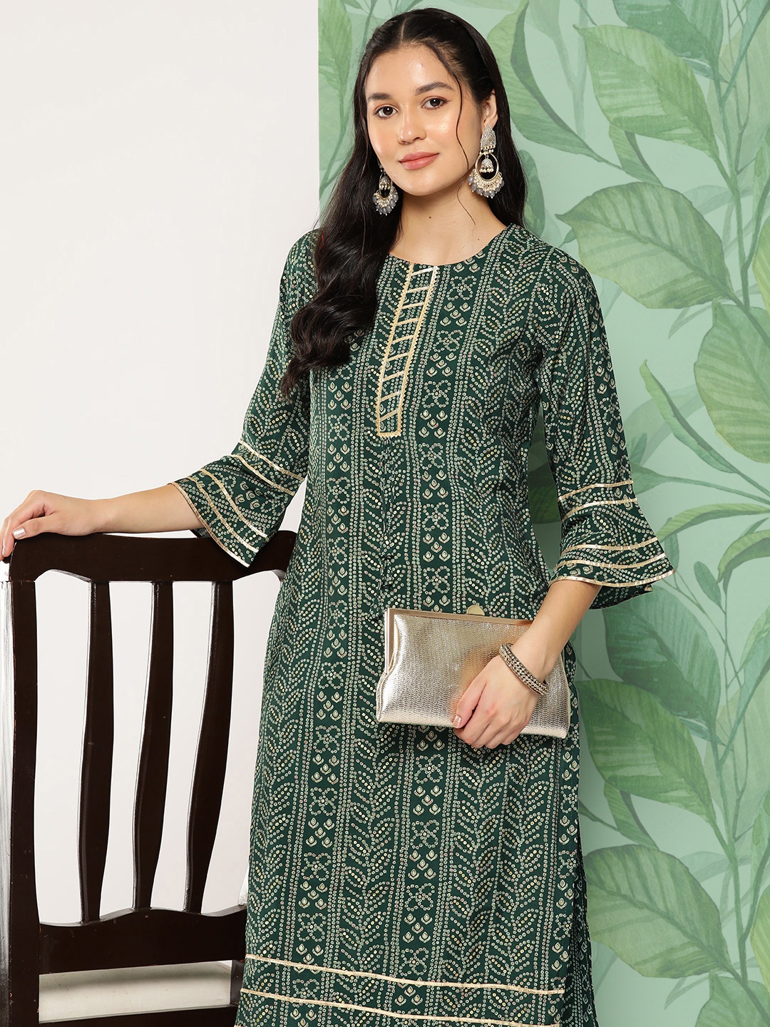 

Libas Bandhani Printed Bell Sleeves Gotta Patti Kurta, Green