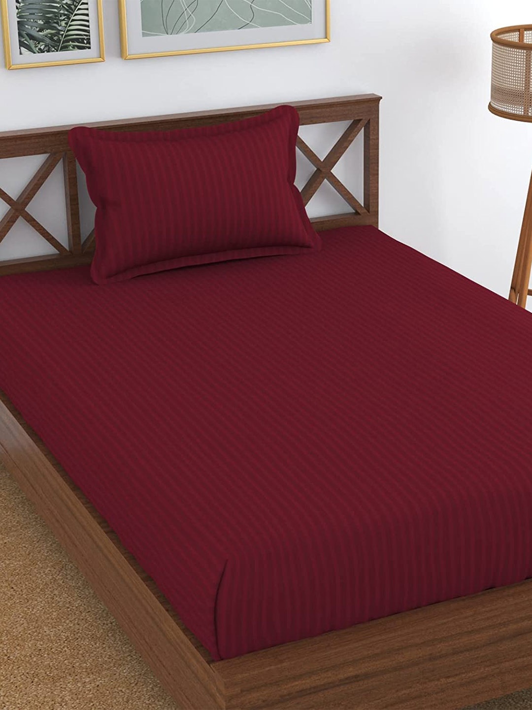 

Bajo's Maroon Striped 220 TC Flat Cotton Single Bedsheet with 1 Pillow Cover