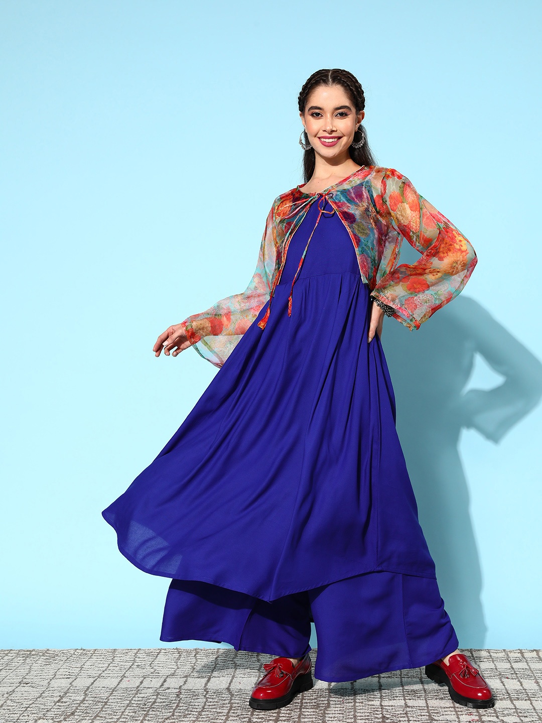 

InWeave Pleated Kurta with Palazzos & Jacket, Blue