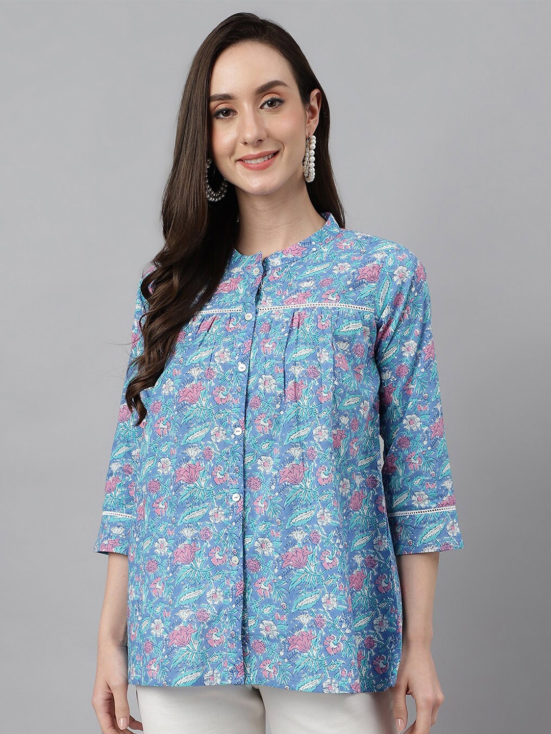 

Janasya Women Botanical Printed Cotton Top, Blue