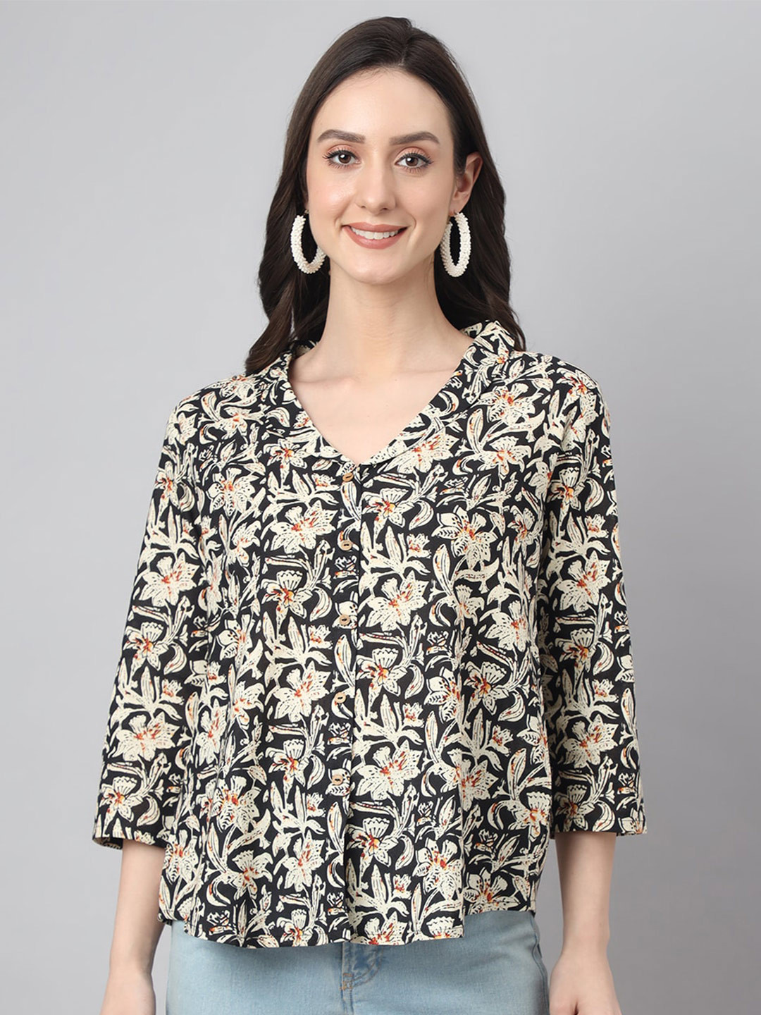 

Janasya Floral Printed Shirt Style Cotton Top, Black