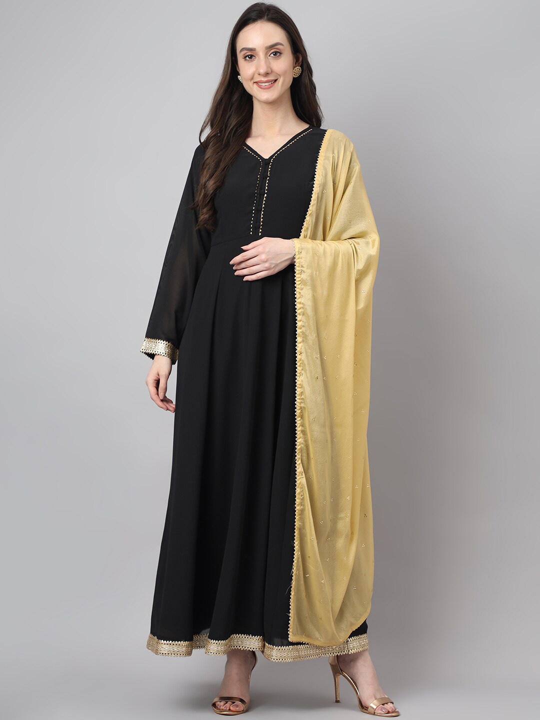 

Janasya Embellished Gotta Patti Georgette Anarkali Kurta with Dupatta, Black
