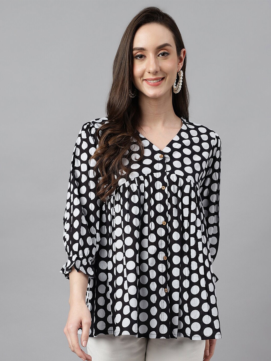 

Janasya Women Polka Dots Printed Empire Cotton Top, Black