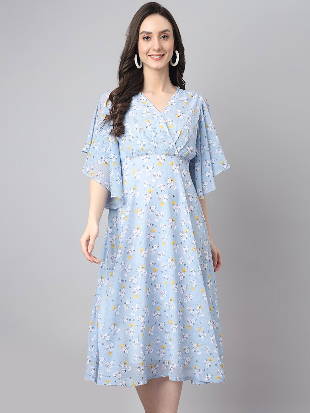 

Janasya Striped Floral V-Neck Georgette Flared Sleeves Empire Midi Dress, Blue