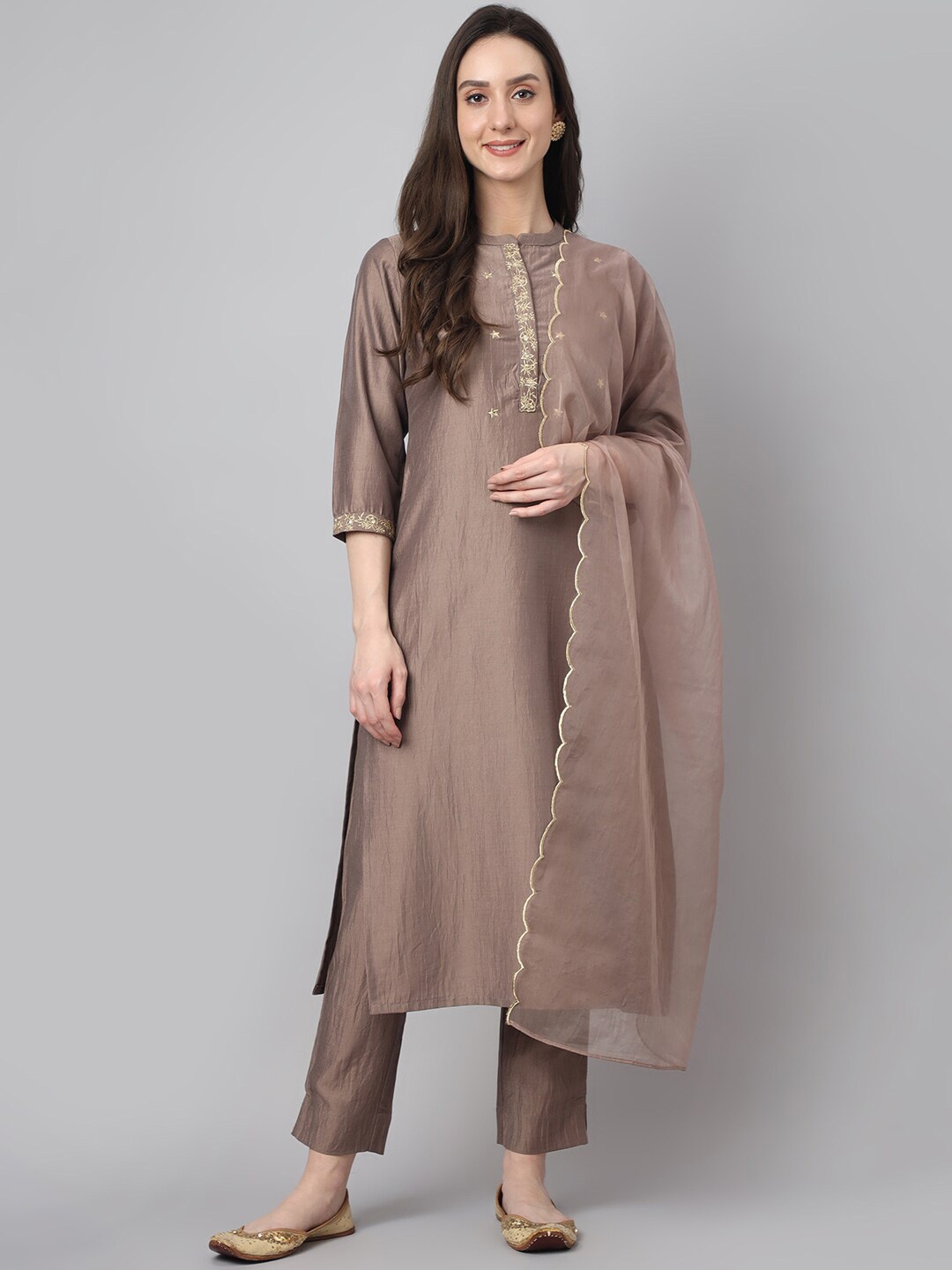 

Janasya Women Embroidered Yoke Design Chinon Kurta with Pant & Dupatta, Brown
