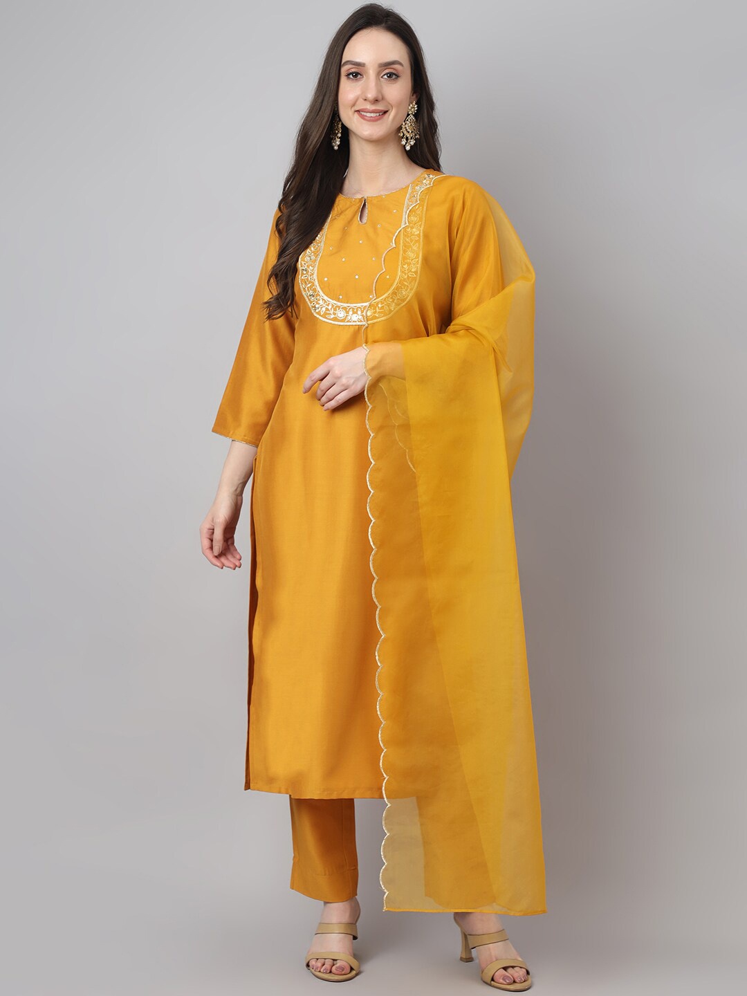 

Janasya Keyhole Neck Sequinned Kurta with Trousers & Dupatta, Mustard