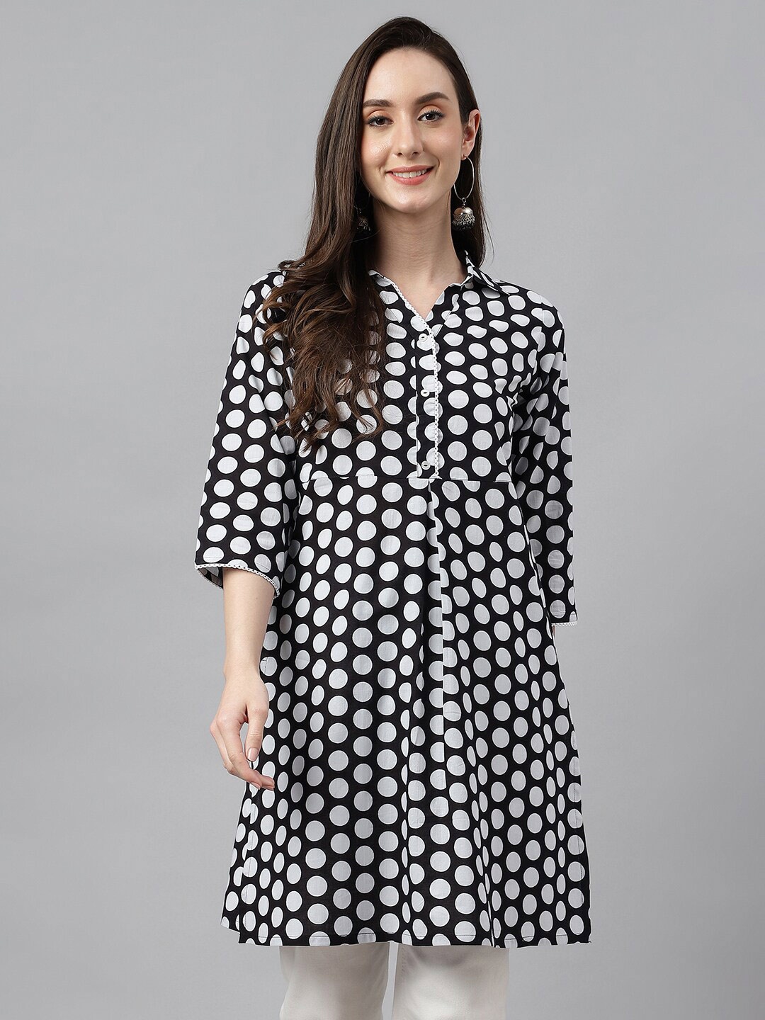 

Janasya Polka Dots Printed Shirt Collar Cotton Tunic, Black