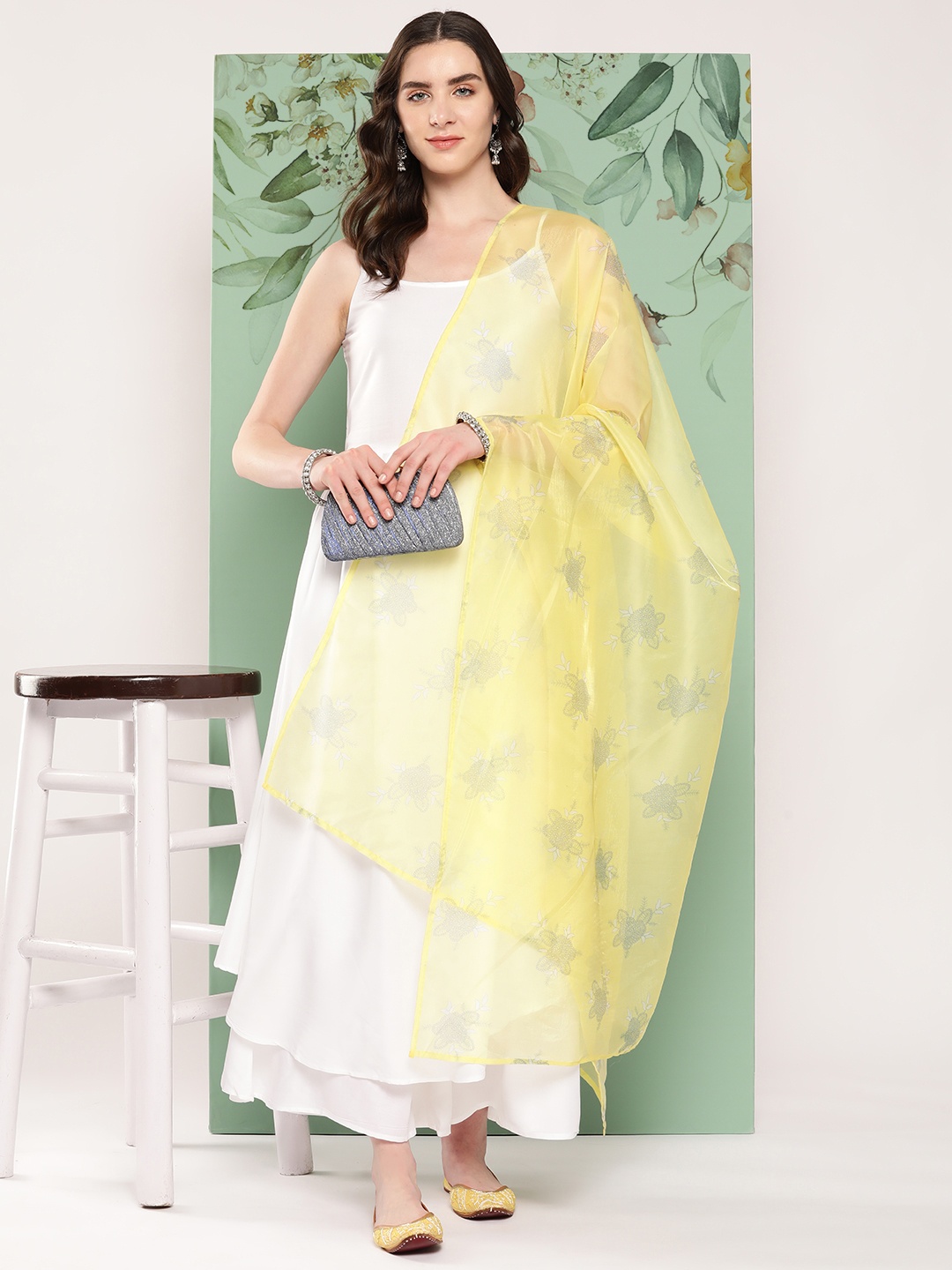

InWeave Pleated Kurta with Palazzos & Dupatta, White