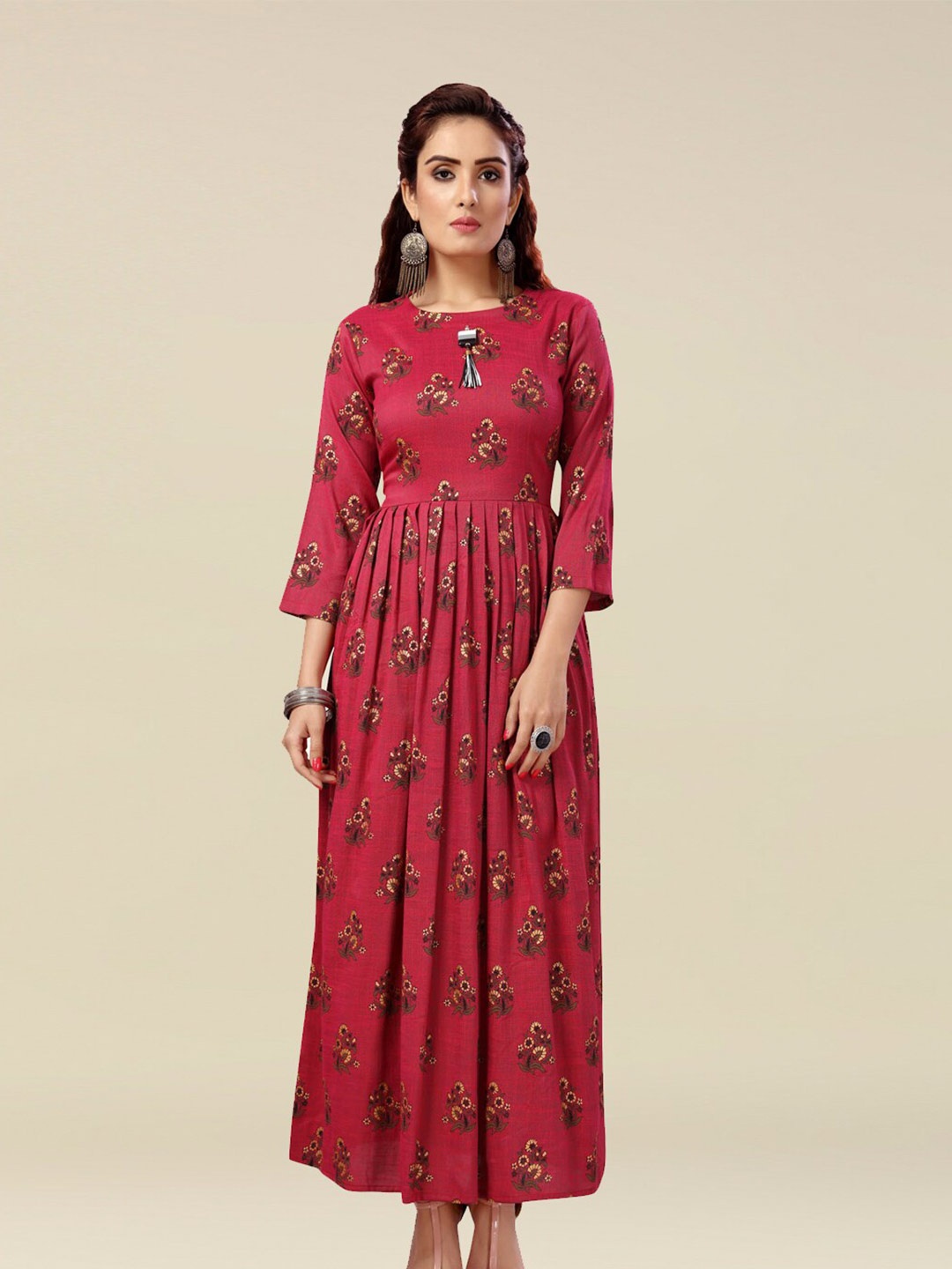 

MADHURAM Ethnic Motif Printed Pleated Maxi Fit And Flare Ethnic Dress, Red