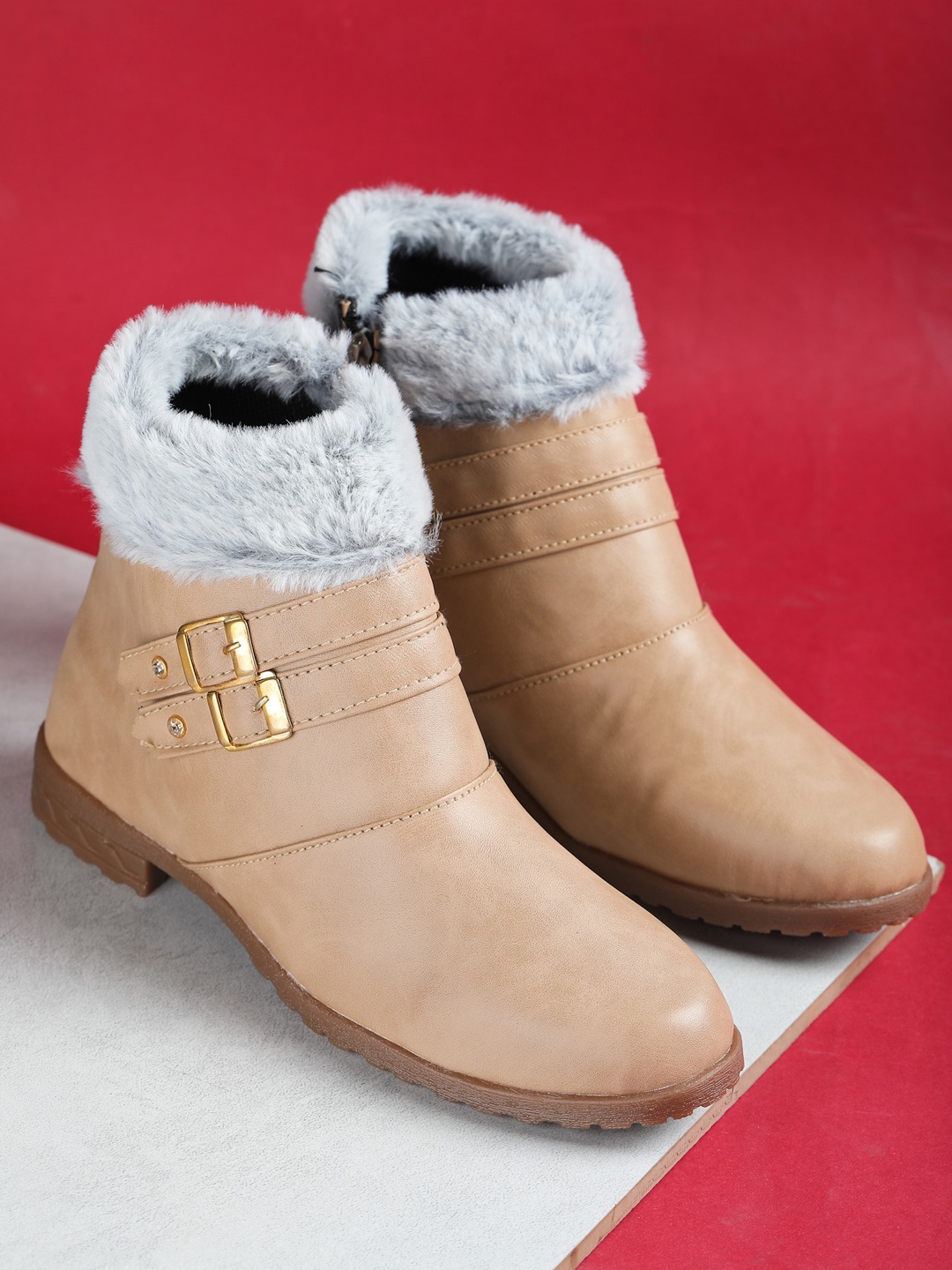 

Myra Women Ankle Length Monk Strap Boots, Beige