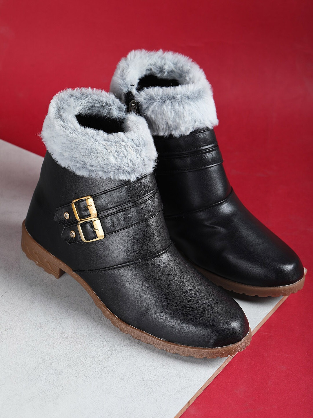 

Myra Women Ankle Length Monk Strap Faux Fur Boots, Black