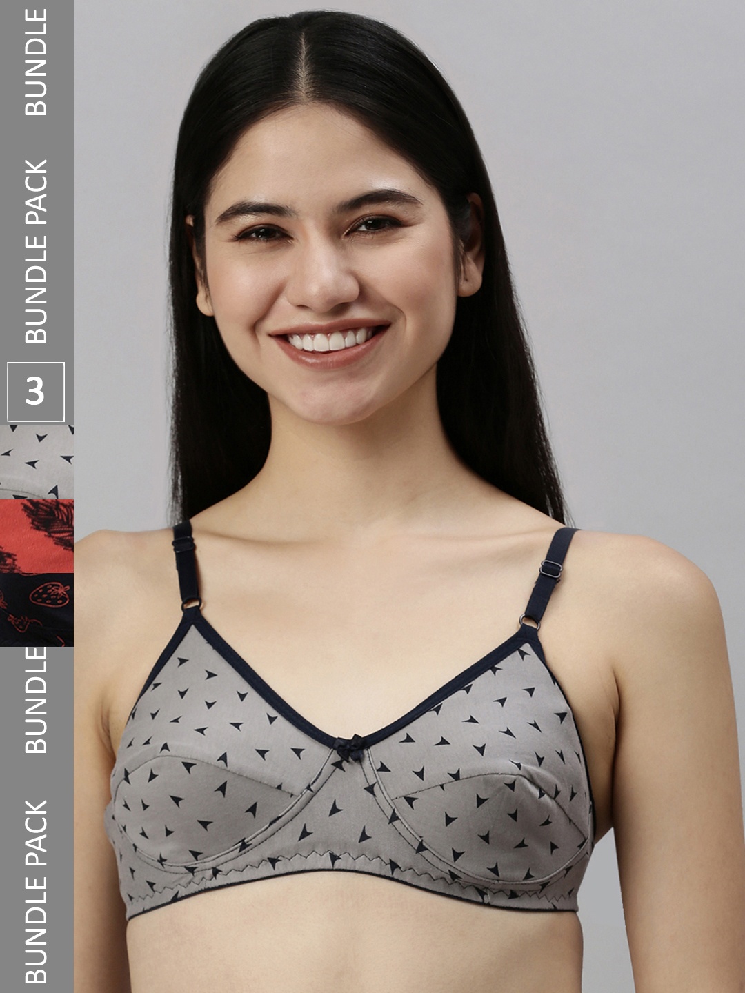 

Kryptic Pack Of 3 Non Padded Medium Coverage Pure Cotton All Day Comfort Bras, Grey