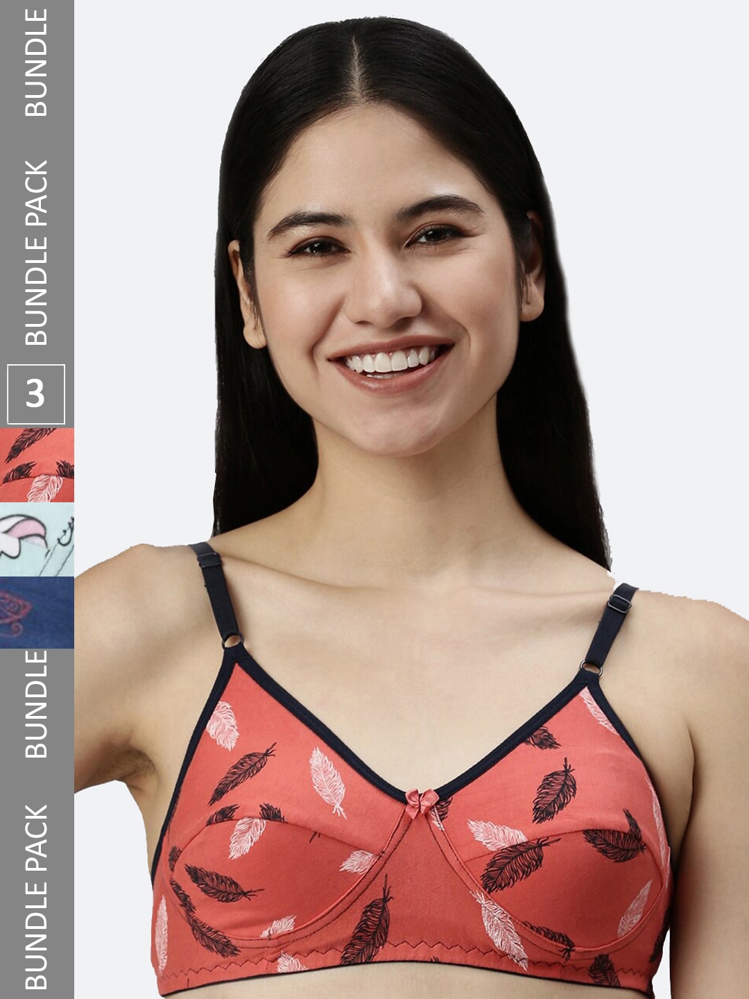 

Kryptic Pack Of 3 Printed Non Padded Medium Coverage Pure Cotton All Day Comfort Bras, Navy blue
