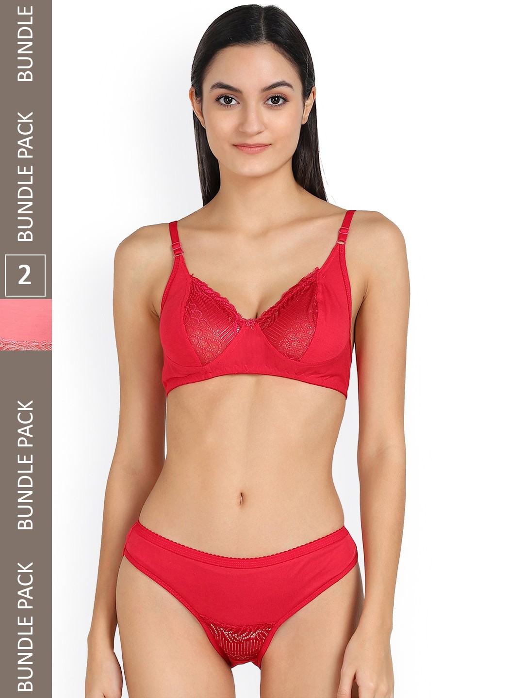 AROUSY Pack Of 2 Self Design Cotton Non Padded Lingerie Set, Red