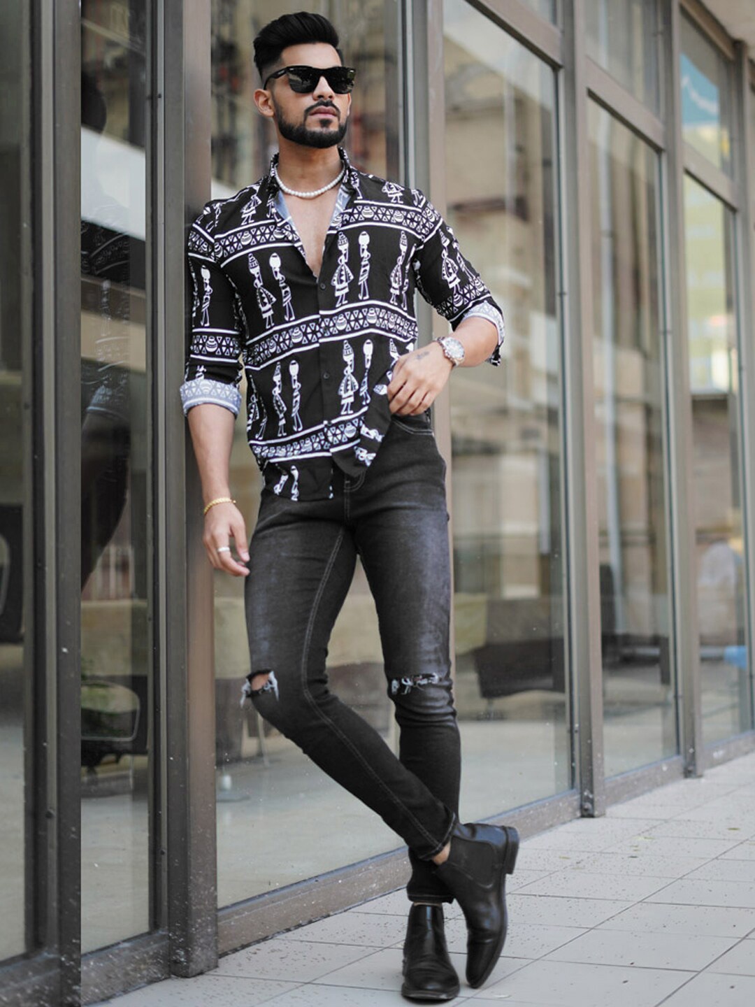 

Powerlook Geometric Printed Casual Shirt, Black
