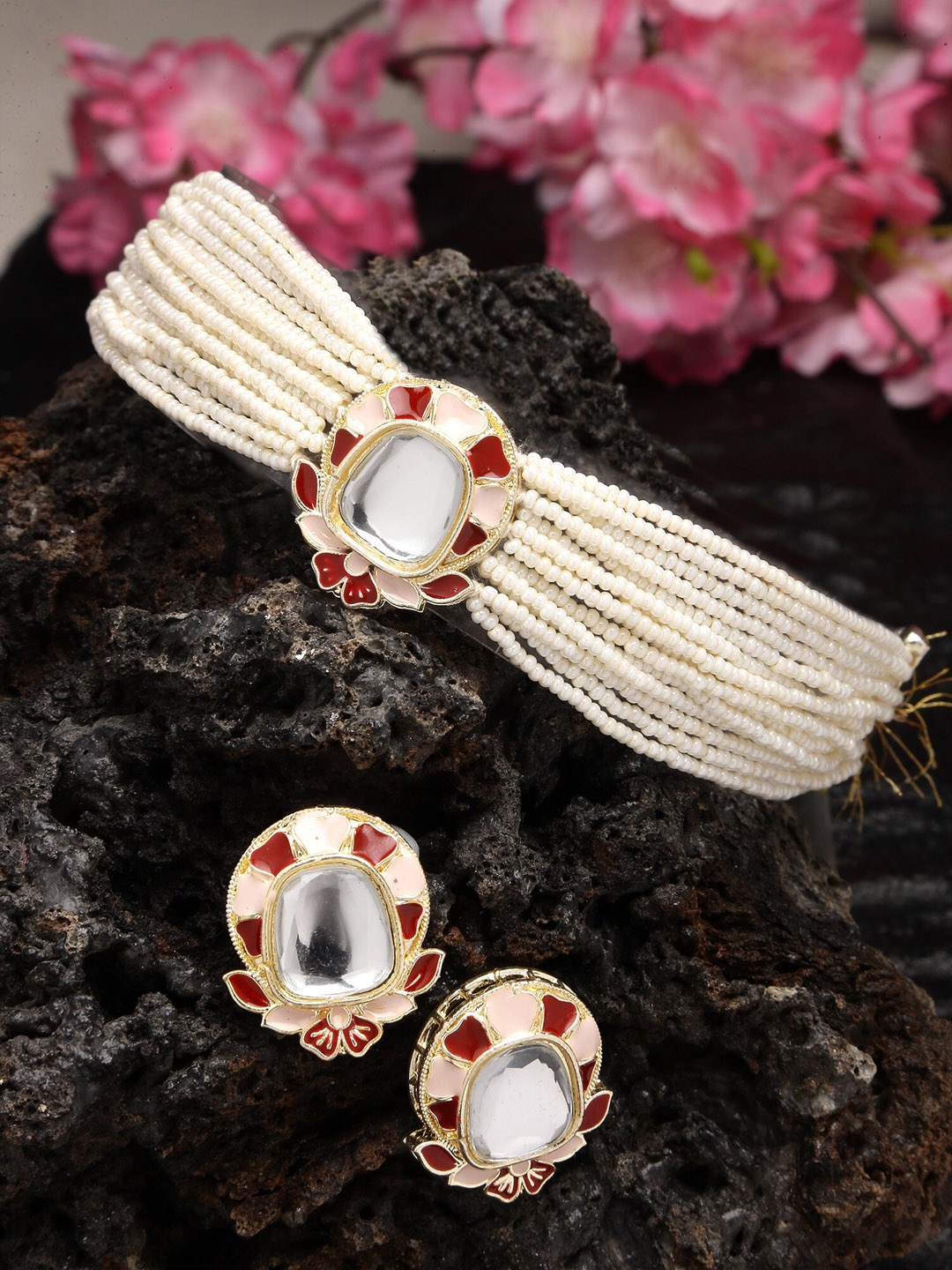 

KARATCART Gold-Plated Kundan-Studded & Beaded Jewellery Set, Maroon
