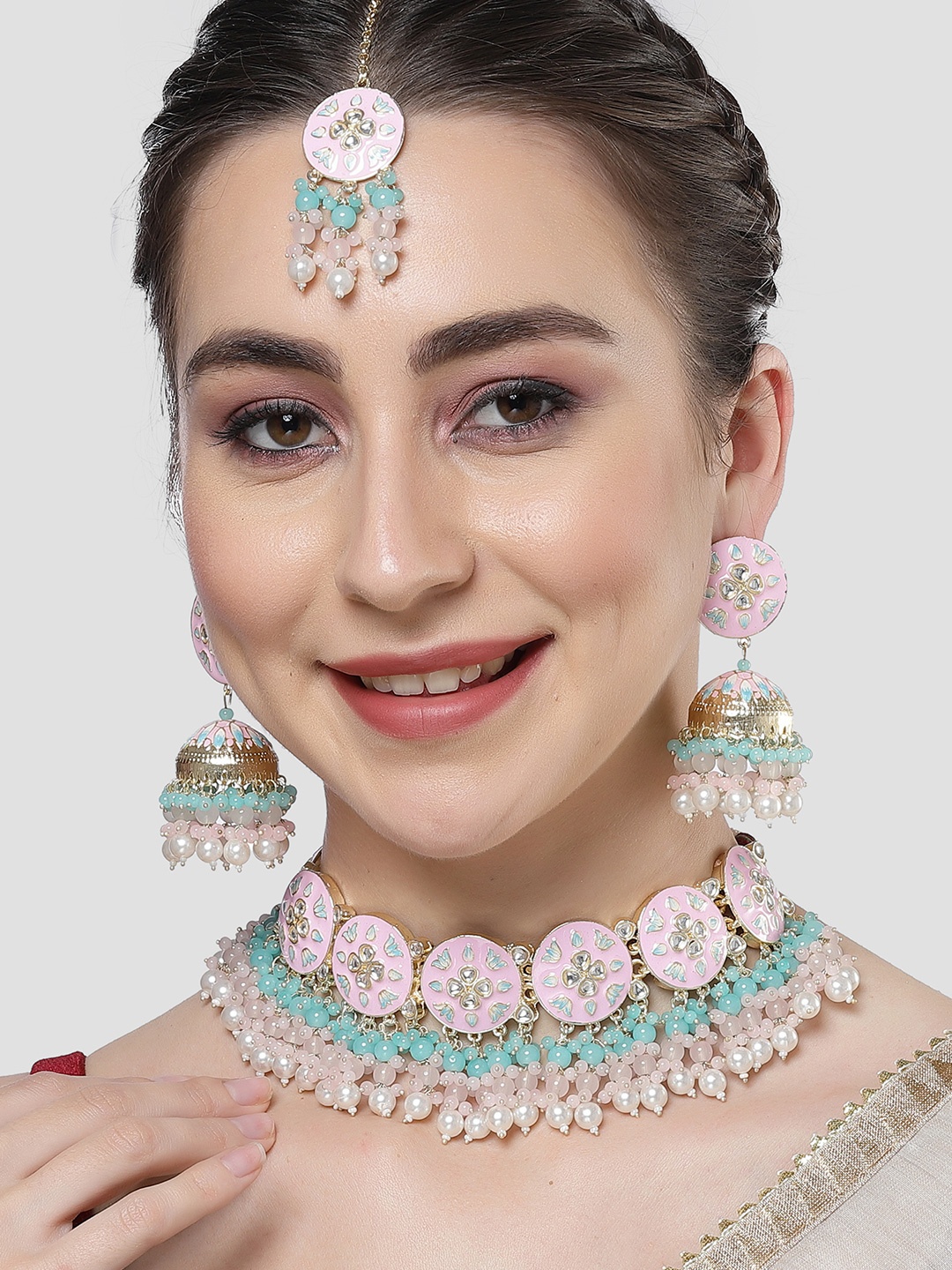 

KARATCART Gold-Plated Kundan-Studded & Beaded Jewellery Set, Pink