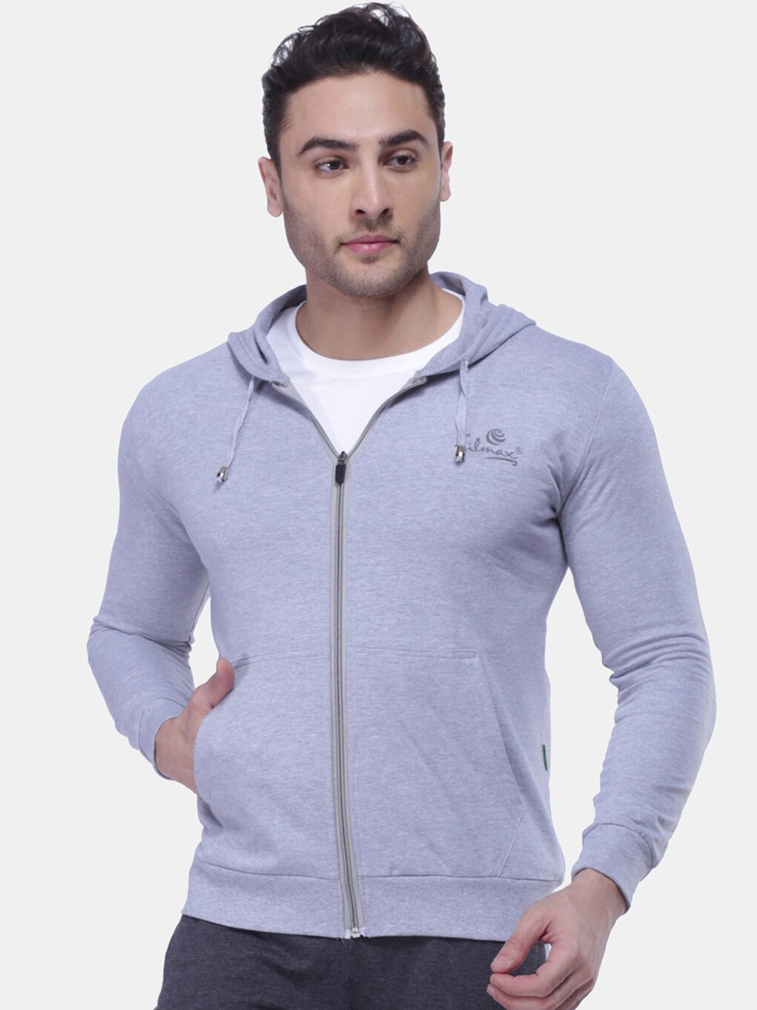 FILMAX ORIGINALS Pure Cotton Long Sleeves Hooded Sporty Jacket, Grey melange