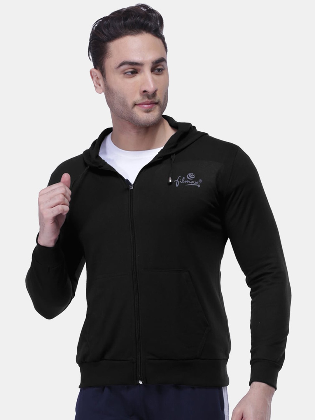 

FILMAX ORIGINALS Pure Cotton Long Sleeves Hooded Sporty Jacket, Black