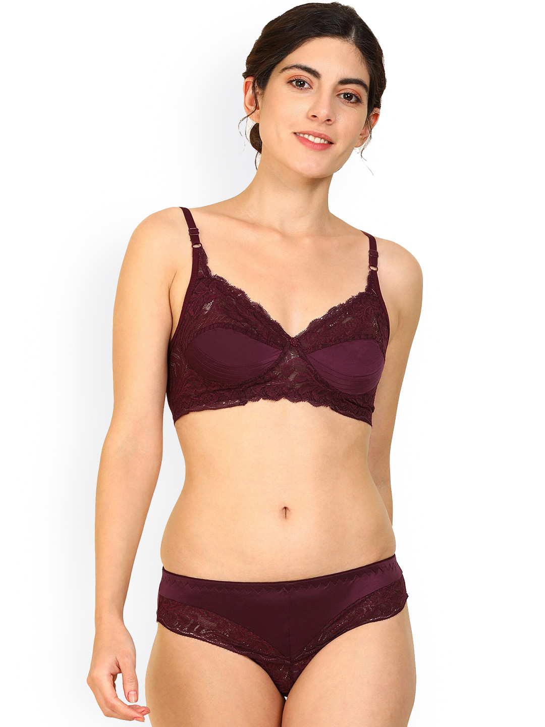 

AROUSY Self-Design Non-Padded Lace Cotton Lingerie Set, Maroon