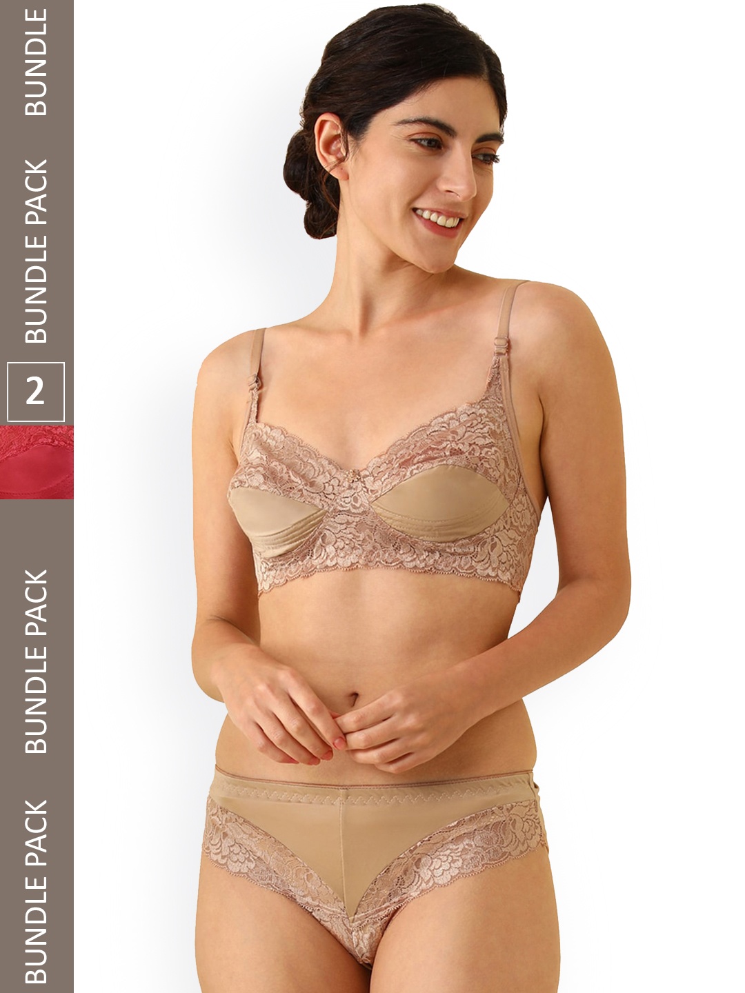 

AROUSY Pack Of 2 Self Design Non Padded Non Wired Mid Rise Cotton Lingerie Set, Red
