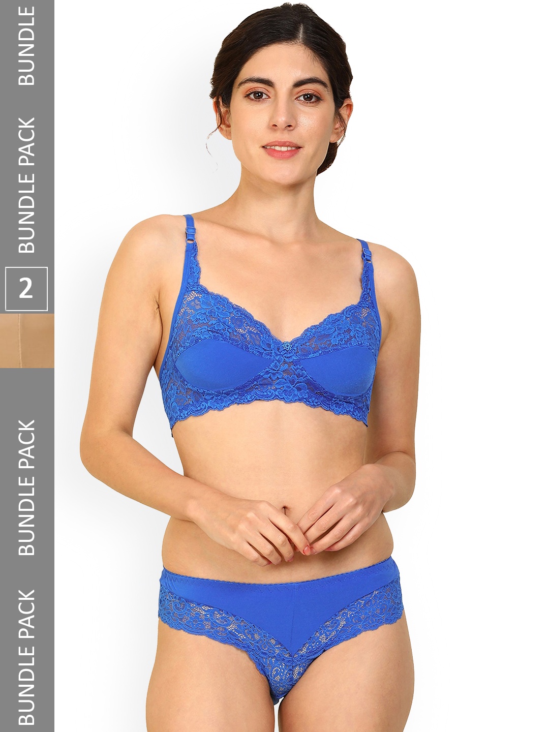 AROUSY Pack Of 2 Lace Self-Design Non-Padded Cotton Lingerie Set, Blue