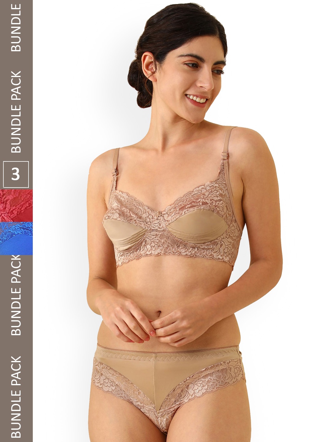 AROUSY Pack Of 3 Self-Design Non-Padded Cotton Lace Lingerie Set, Blue