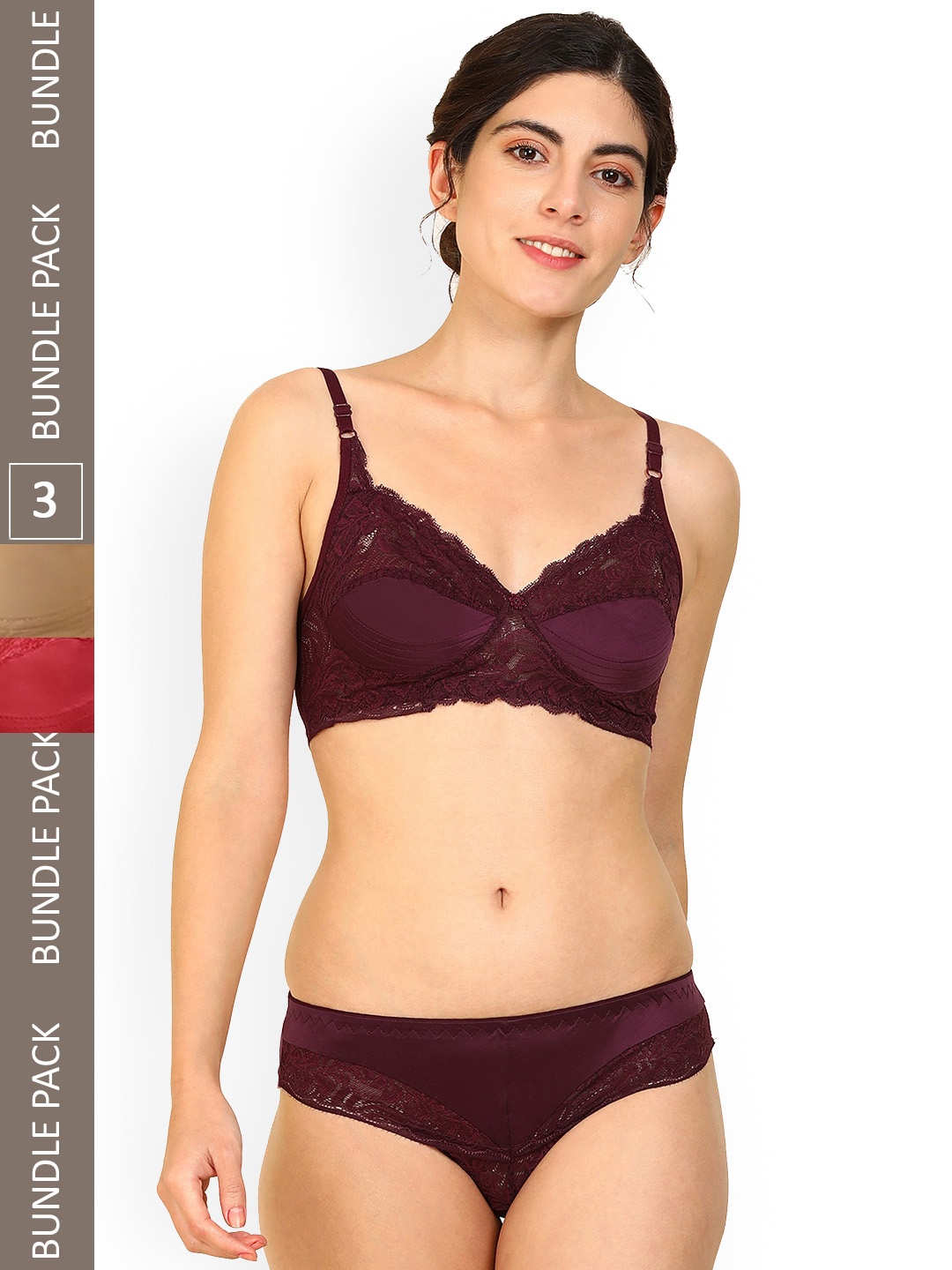 

AROUSY Pack Of 3 Self-Design Non-Padded Cotton Lingerie Set, Maroon