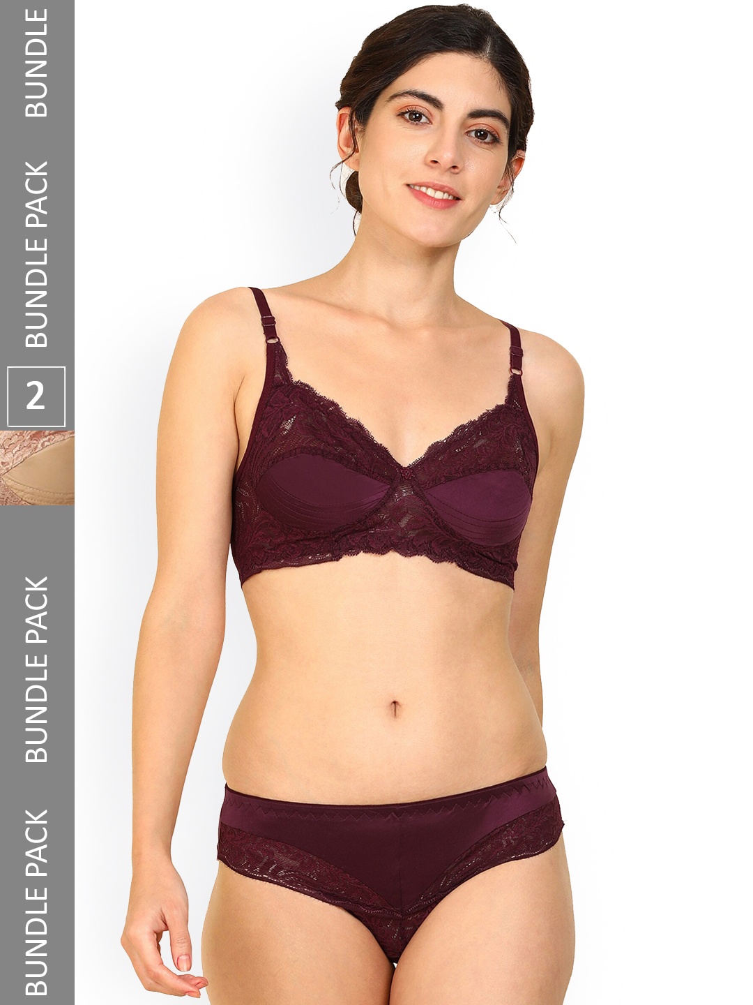 

AROUSY Pack Of 2 Lace Self-Design Non-Padded Cotton Lingerie Set, Violet