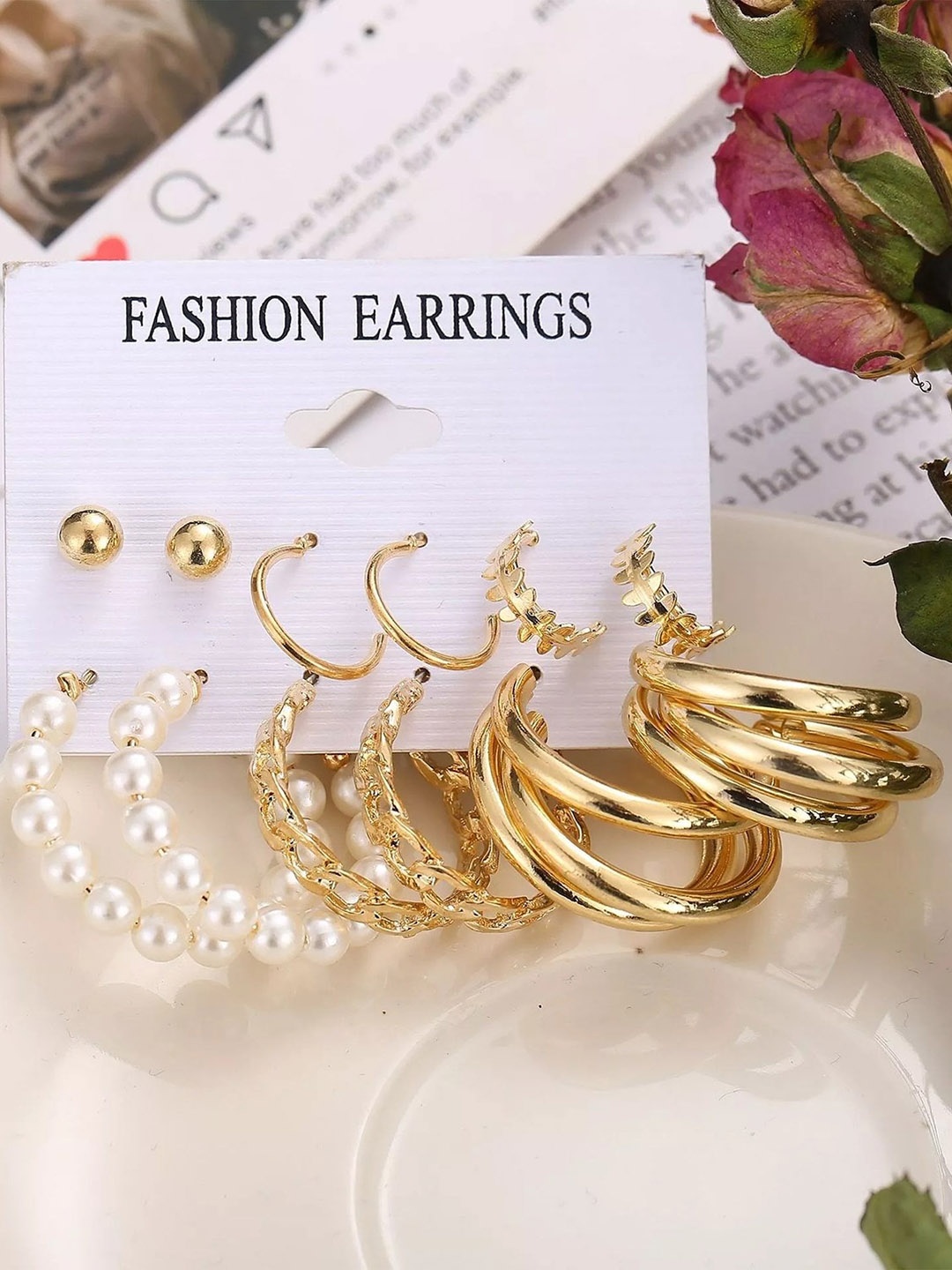 

Pinapes Set Of 12 Gold-Plated Geometric Studs Earrings, White
